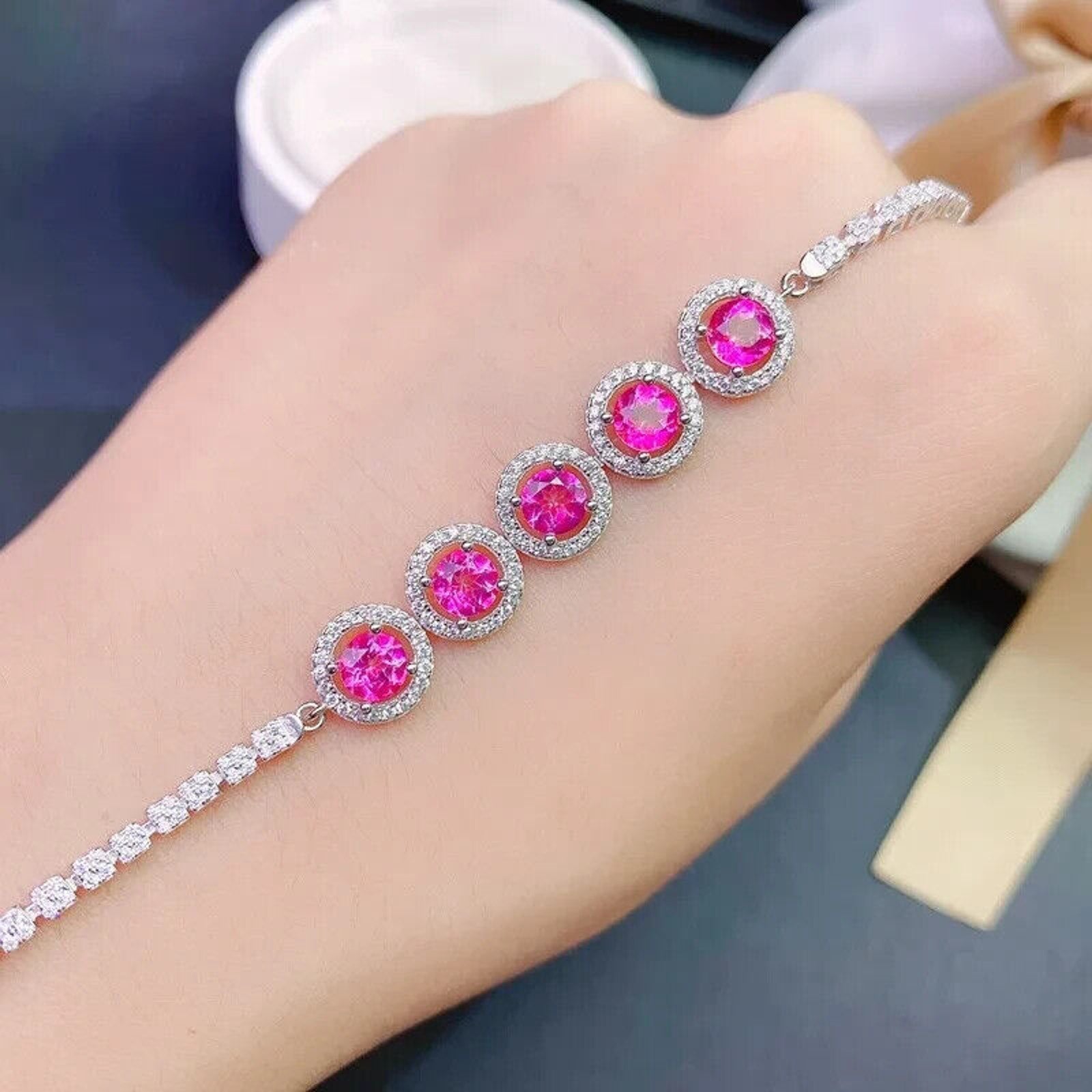Natural Pink Topaz Gemstone Tennis Bracelet 5mm Platinum Plated Sterling