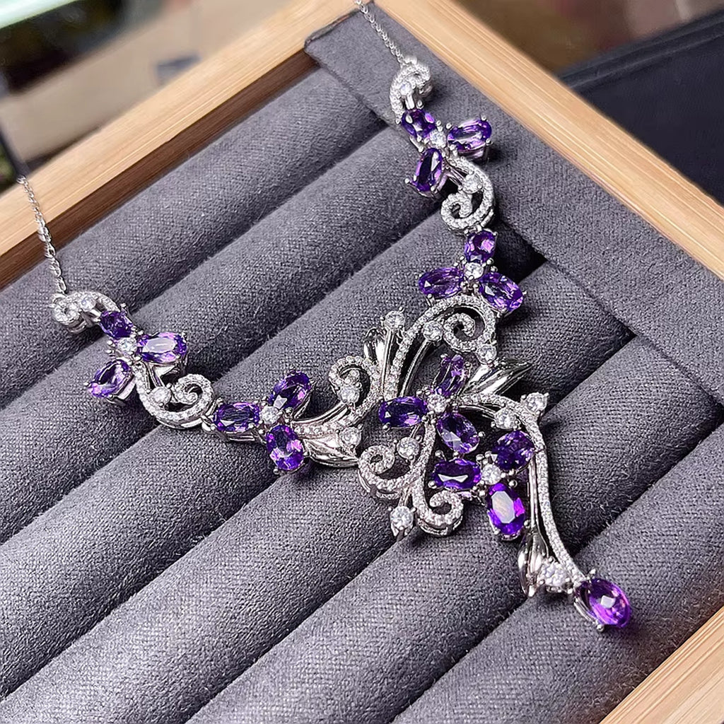 Natural Amethyst Gemstone Statement Necklace 925 Sterling Silver 4x6mm