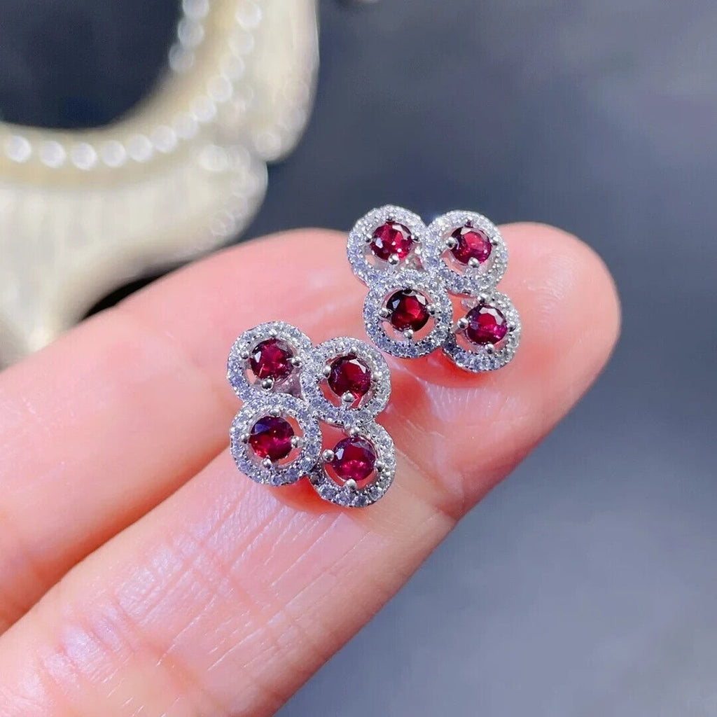 Red Garnet Cluster Stud Earrings, Natural Garnet Cluster Stud Earrings