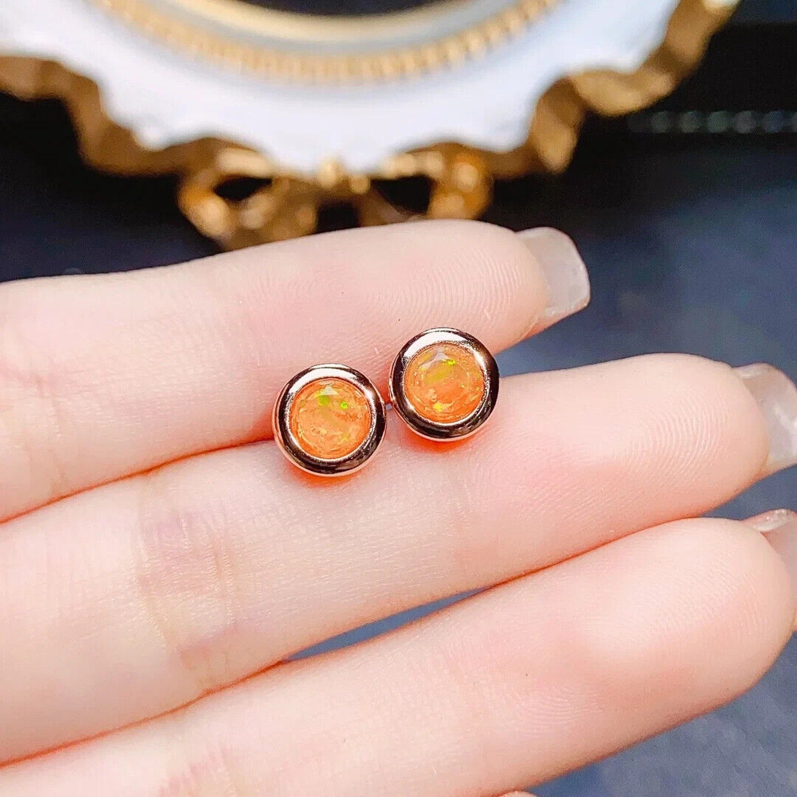 Orange Fire Opal Bezel Setting Stud Earrings 5mm, Orange Fire Opal Earrings