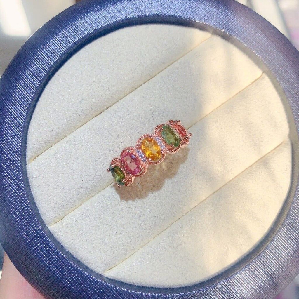 Natural Tourmaline Multicolor Band Ring, Tourmaline Gemstone Ring Silver