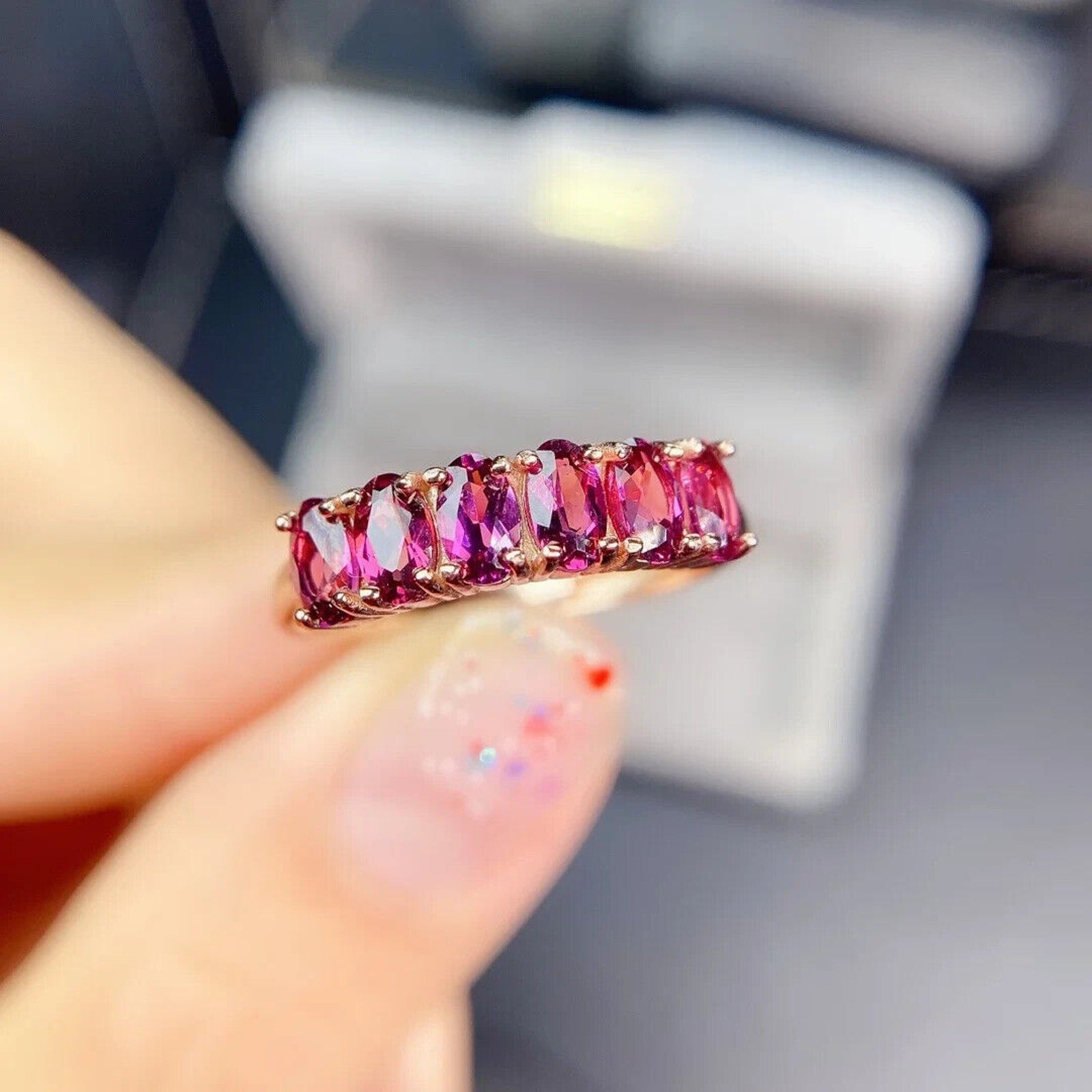 Mozambique Garnet Band Ring 3x5mm, Pink Garnet Band Ring Sterling Silver