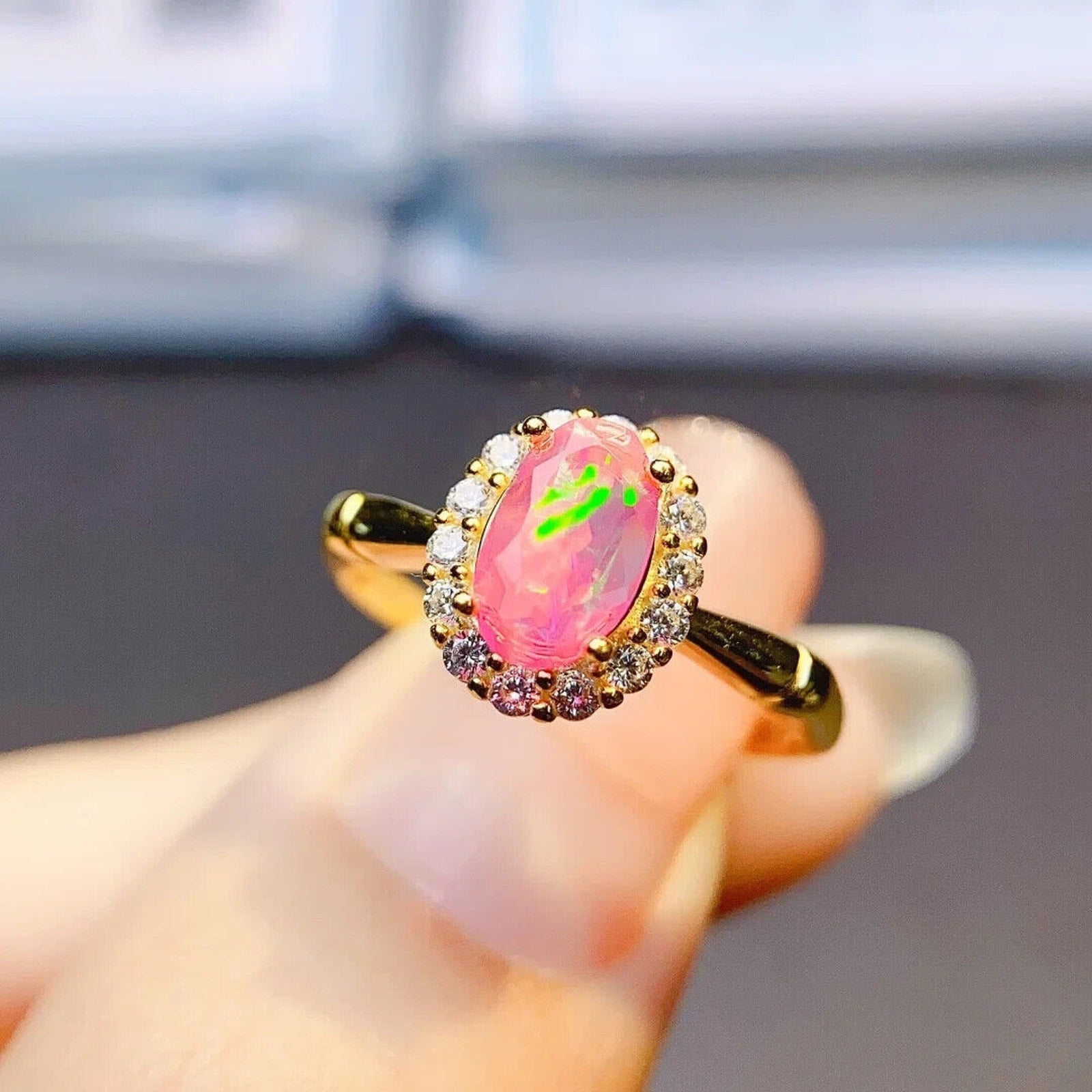 Pink Fire Opal Gemstone Ring 5x8mm, Natural Pink Fire Opal Ring 925 Sterling