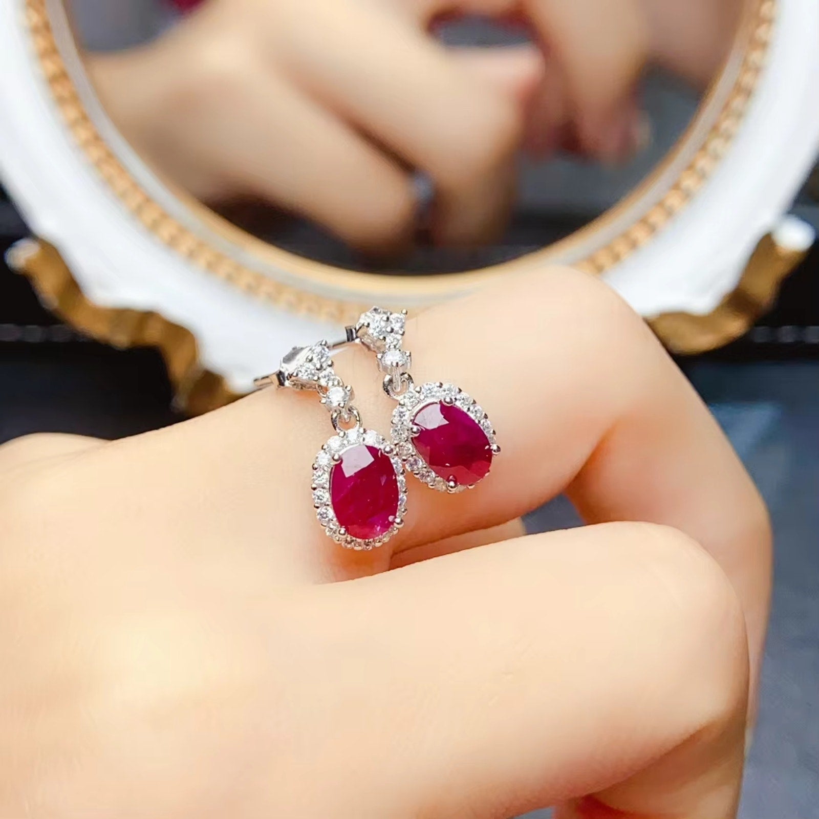 Natural Ruby Gemstone Earrings, Ruby Earrings 925 Sterling Silver 5x7mm