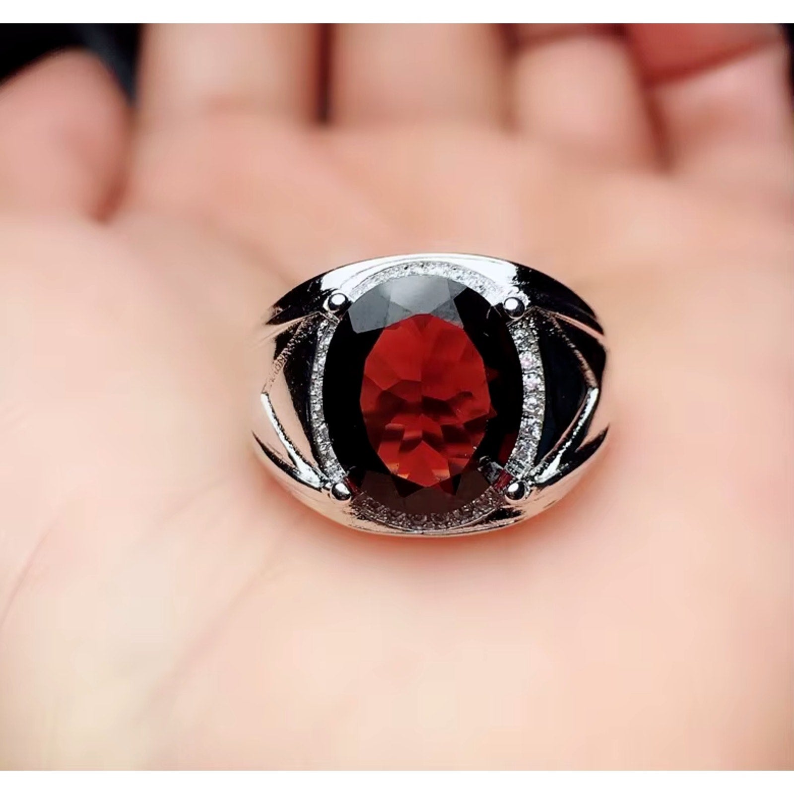 4CT Mens Garnet Ring 925 Sterling Silver 9x11mm, Red Garnet Ring For Men