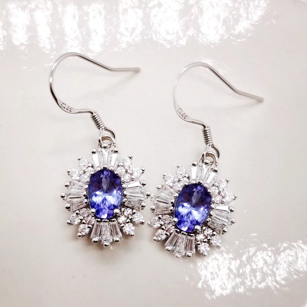 Natural Tanzanite Dangle Earrings, Purple Tanzanite Earrings Sterling Silver