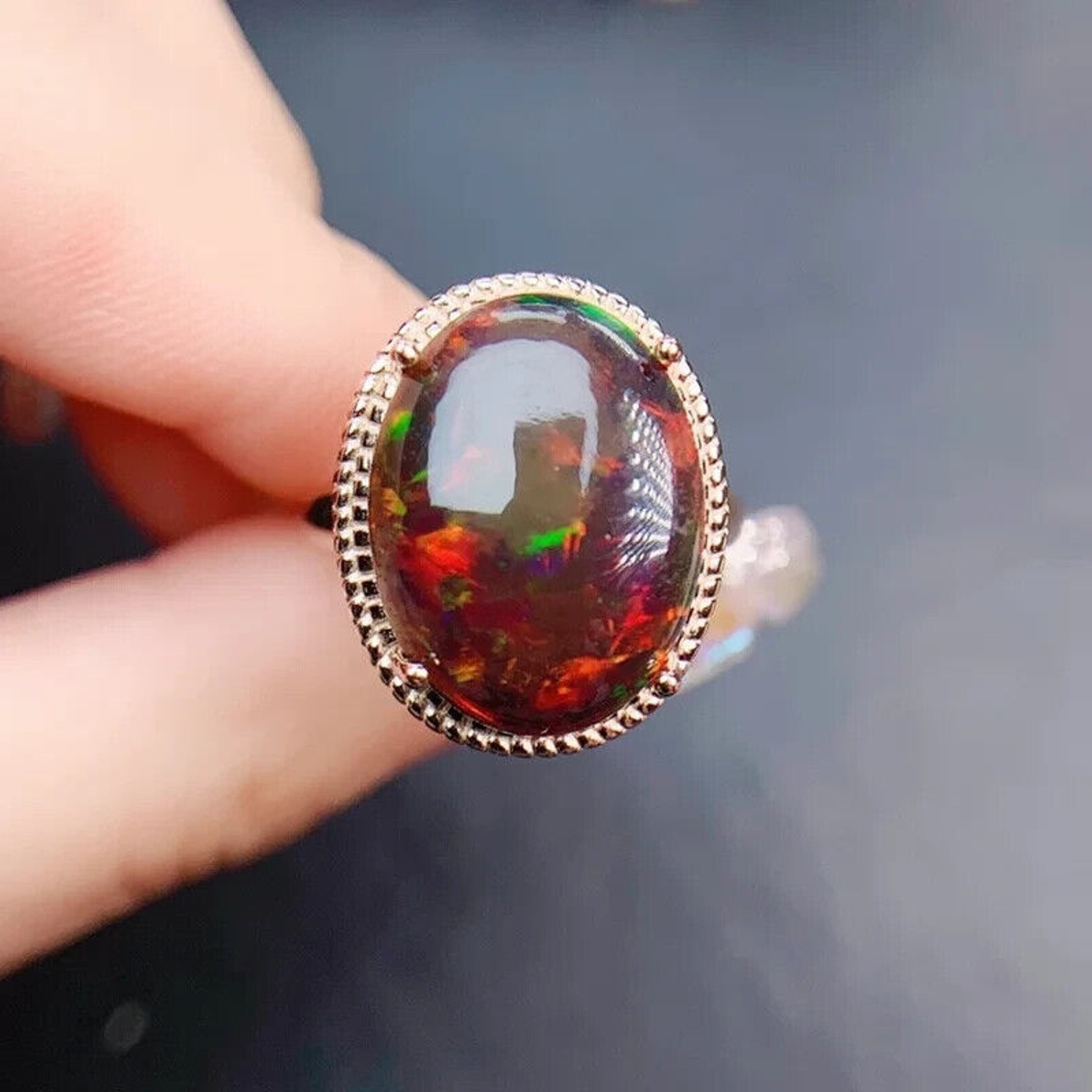 Huge Black Fire Opal Statement Ring 12x16mm, Natural Fire Opal Ring 925 Sterling