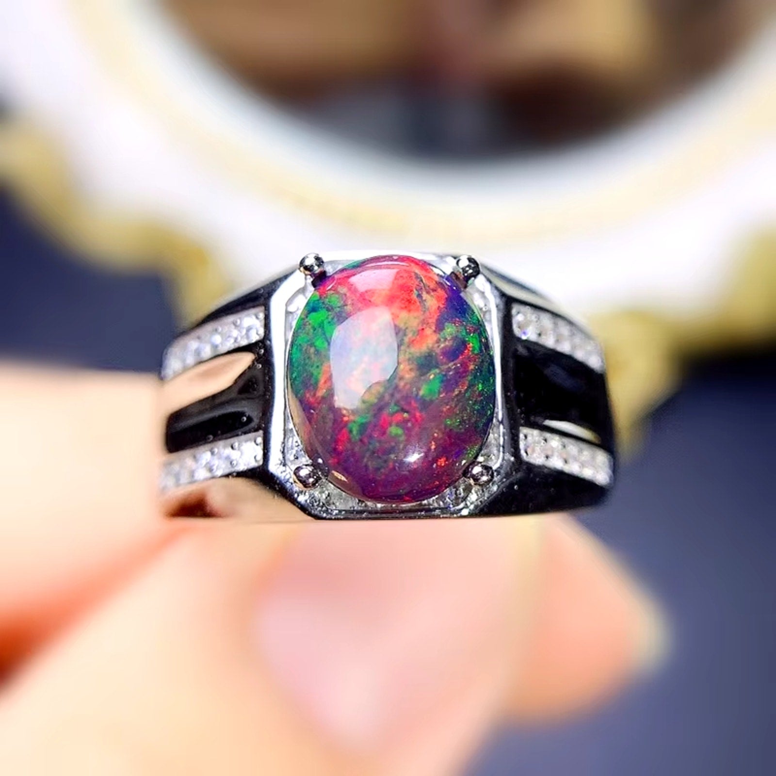 Men's Fire Opal Statement Ring, Black Fire Opal Ring Sterling Silver 7x9mm