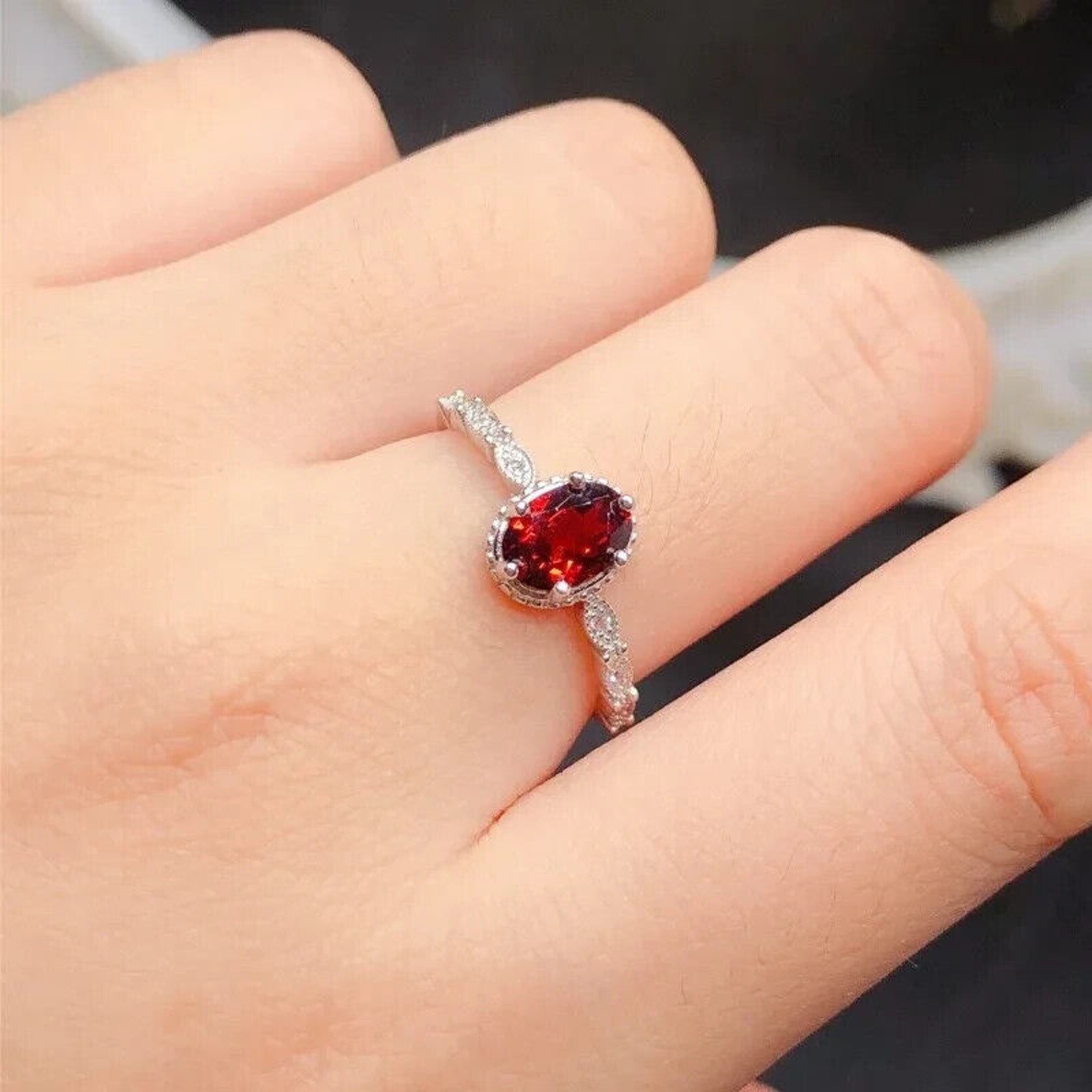 Dainty Red Garnet Cocktail Ring 5x7mm Platinum Plated 925 Sterling Silver