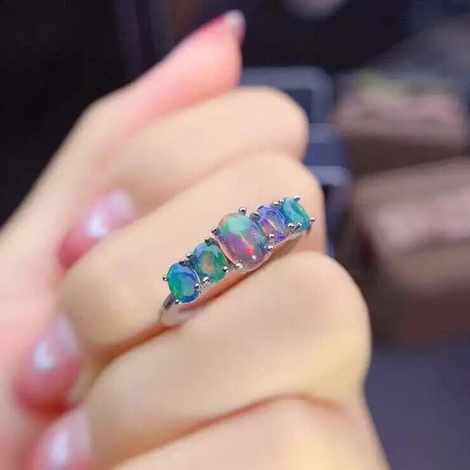 Natural Fire Opal Multicolor Band Ring, Women's Black Fire Opal Band Ring