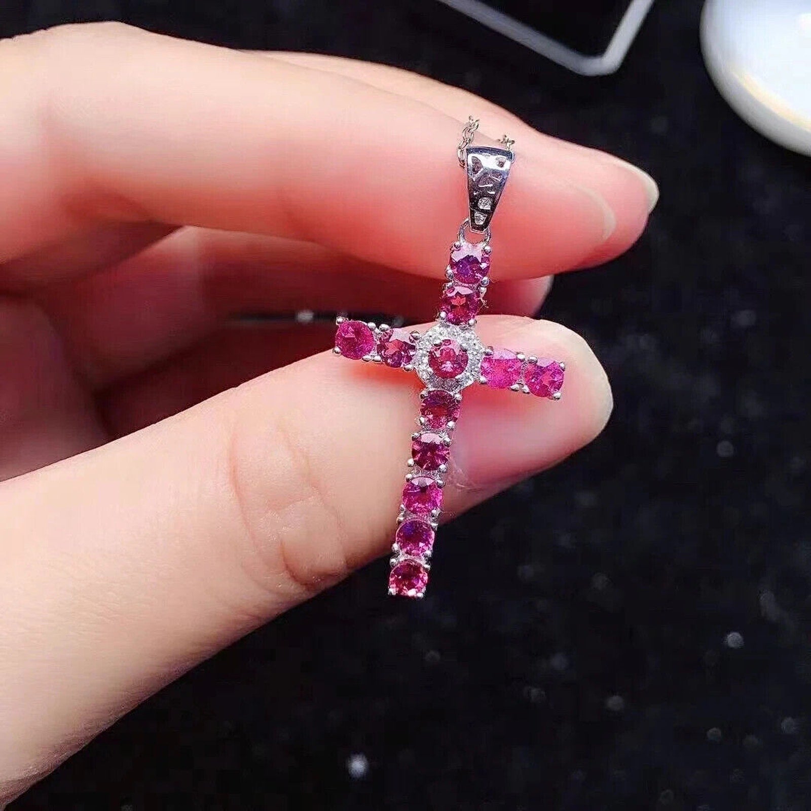 Natural Pink Tourmaline Cross Necklace, Gemstone Cross Necklace 925 Sterling