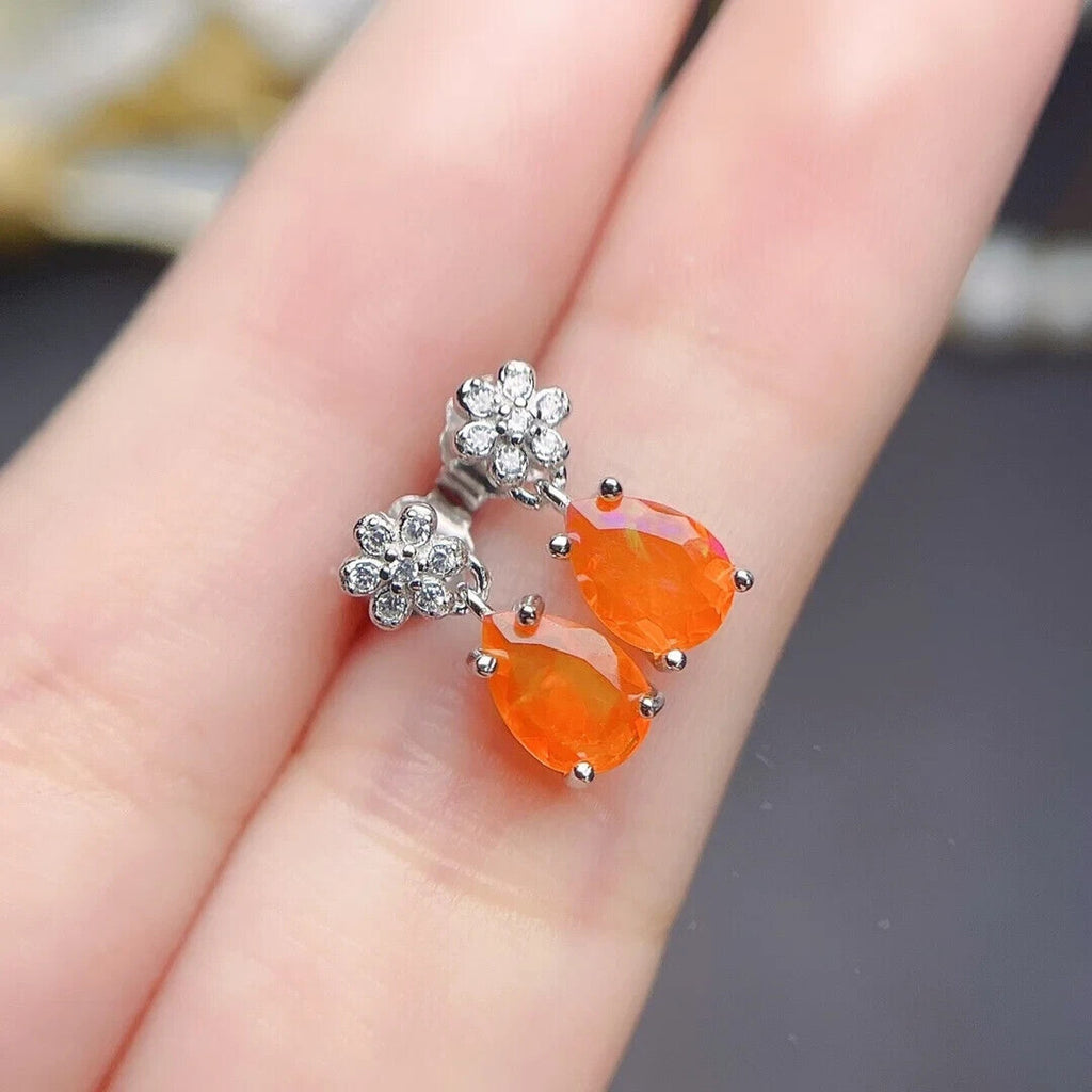 Orange Fire Opal Dangle Earrings, Colorful Orange Opal Dangle Earrings 5x7mm