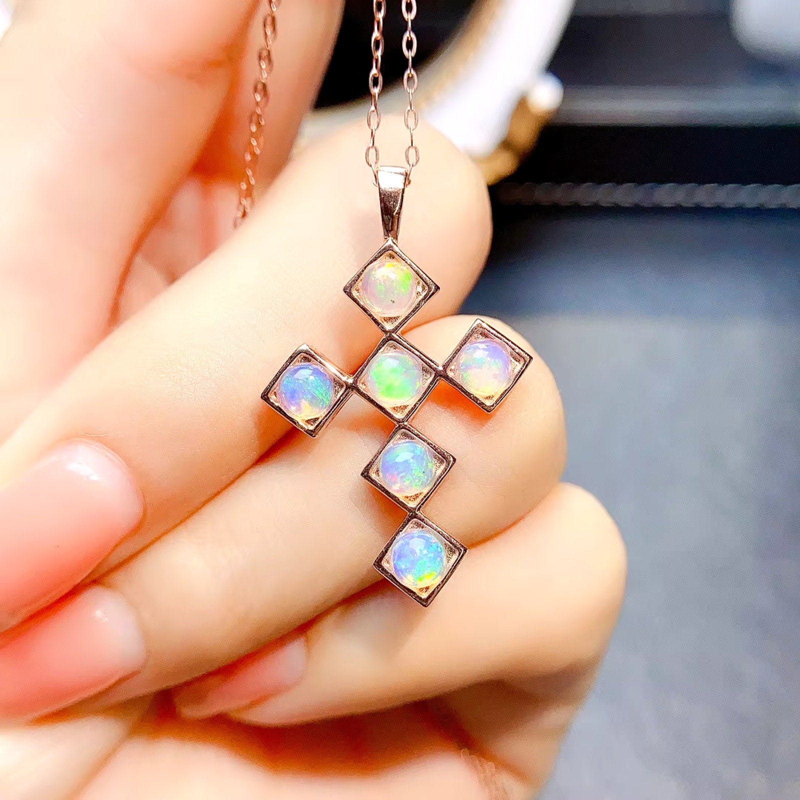 Natural Fire Opal Cross Necklace, Opal Cross Necklace 925 Stelring Silver 4mm