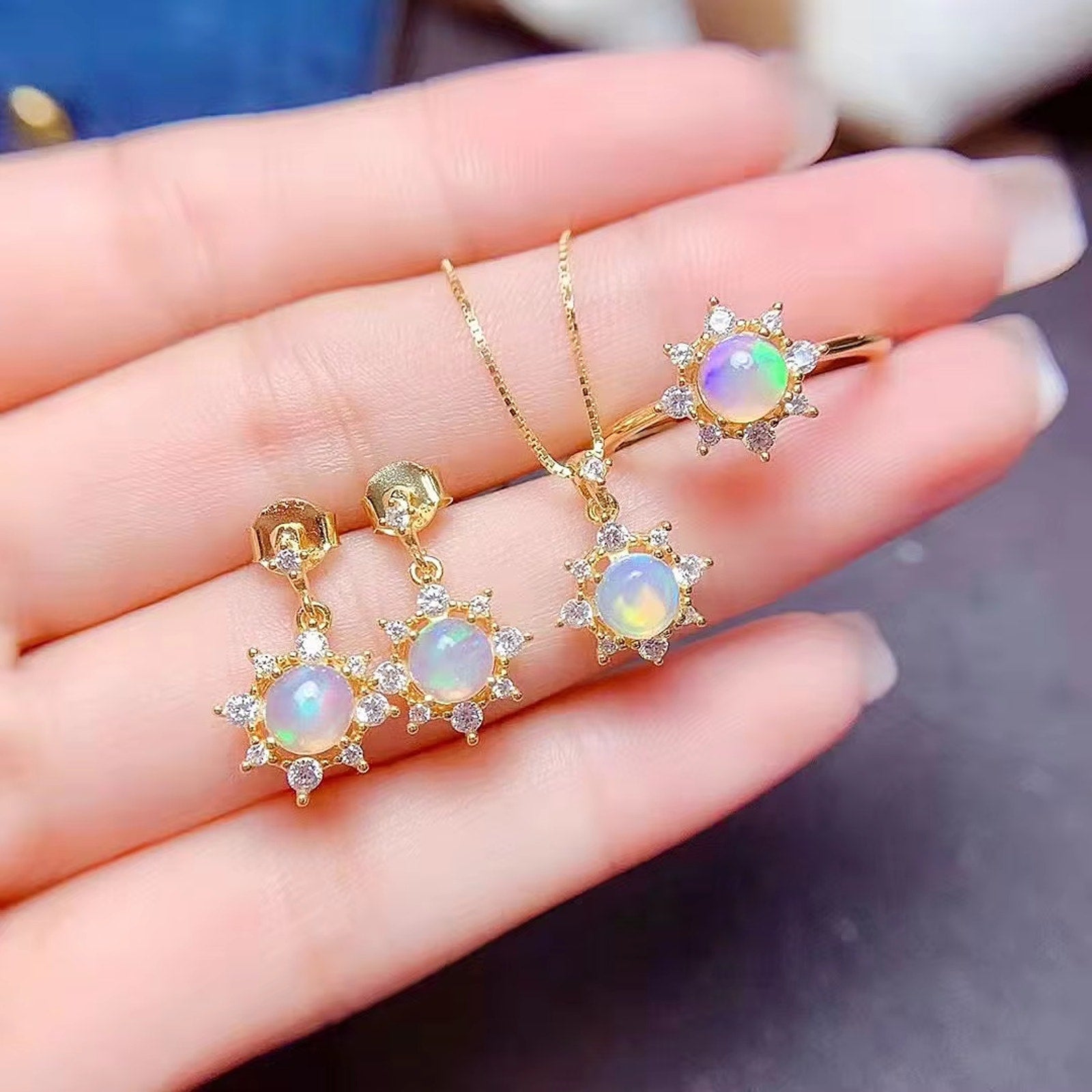 Natural Fire Opal Jewelry Set, Fire Opal Ring, Earrings, and Pendant Set 5mm