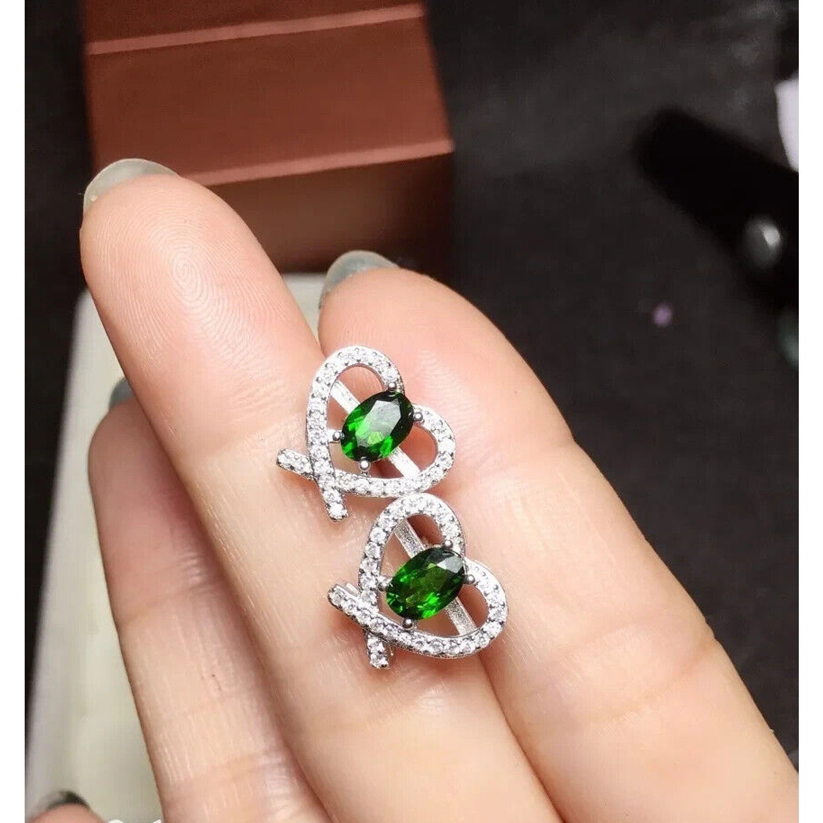 Chrome Diopside Heart Shape Stud Earrings, Natural Chrome Diopside Stud Earrings