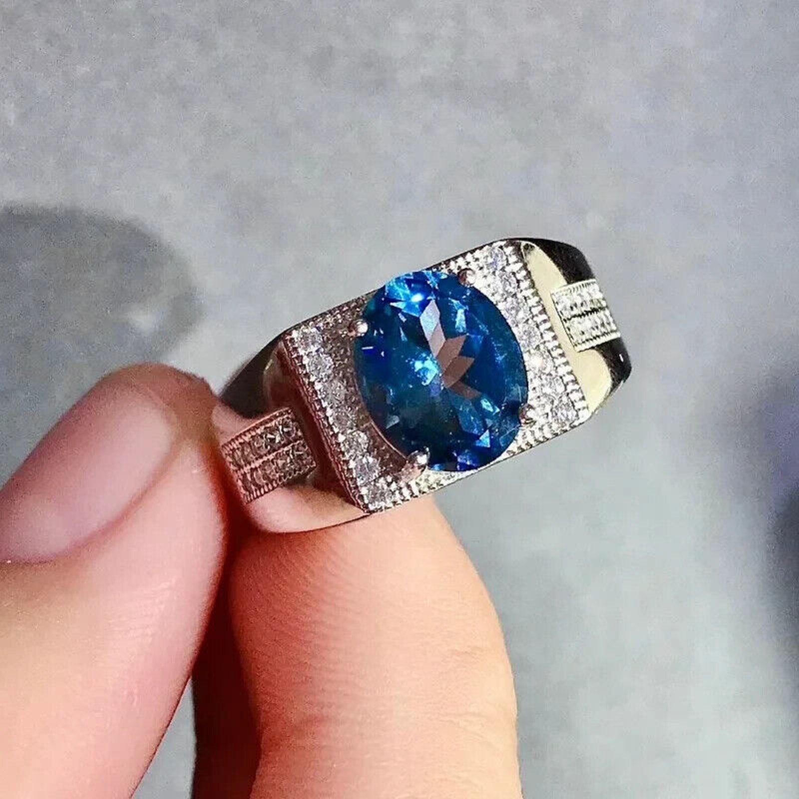 Men's London Blue Topaz Cocktail Ring, Men's Blue Gemstone Ring's Sterling