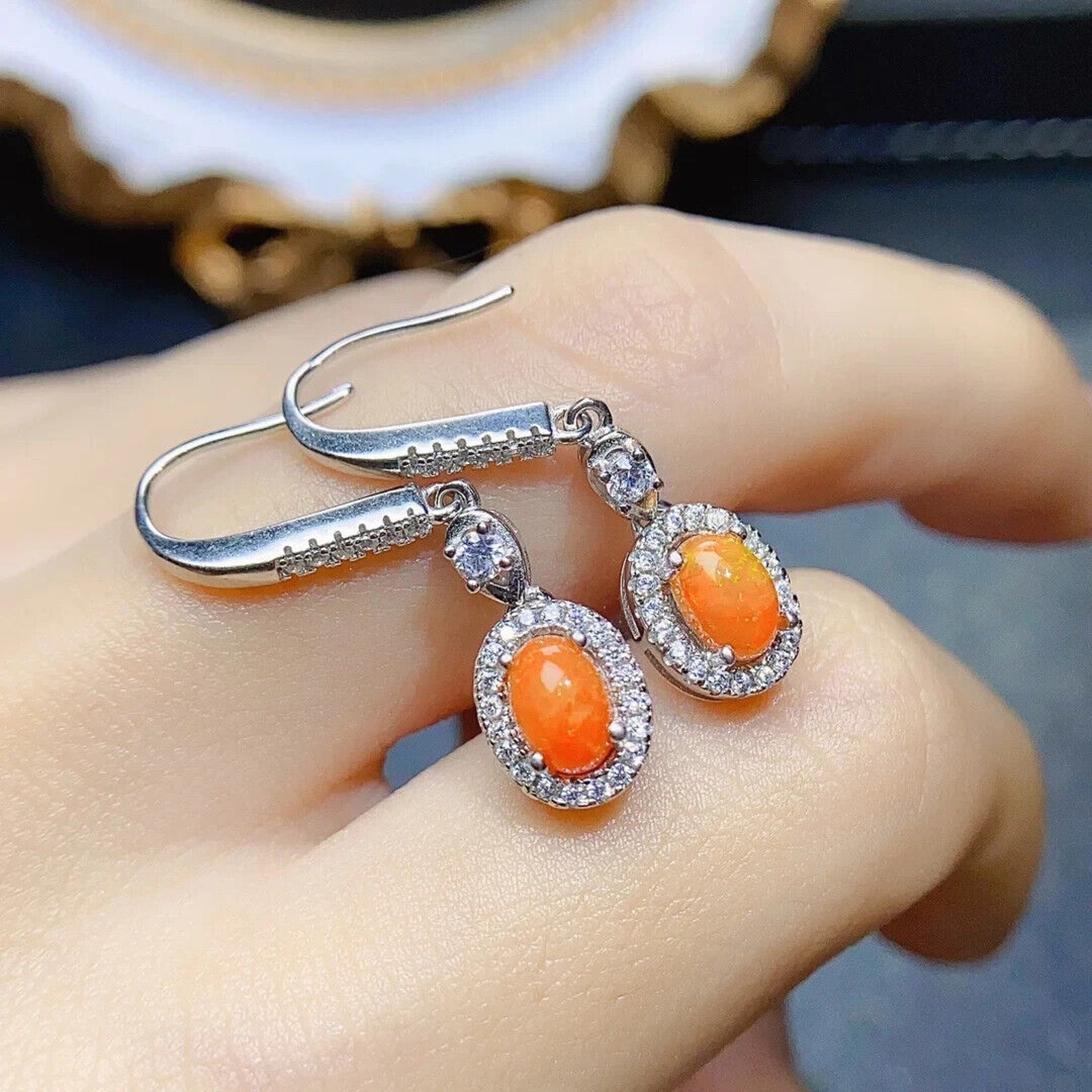 Orange Fire Opal Dangle Earrings, Colorful Orange Opal Dangle Earrings 4x6mm