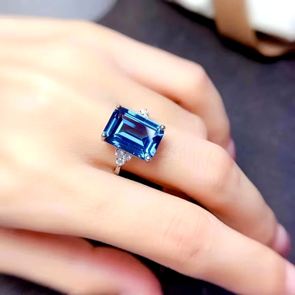 Emerald Cut London Blue Topaz Ring 925 Sterling Silver, Blue Topaz 10x14mm