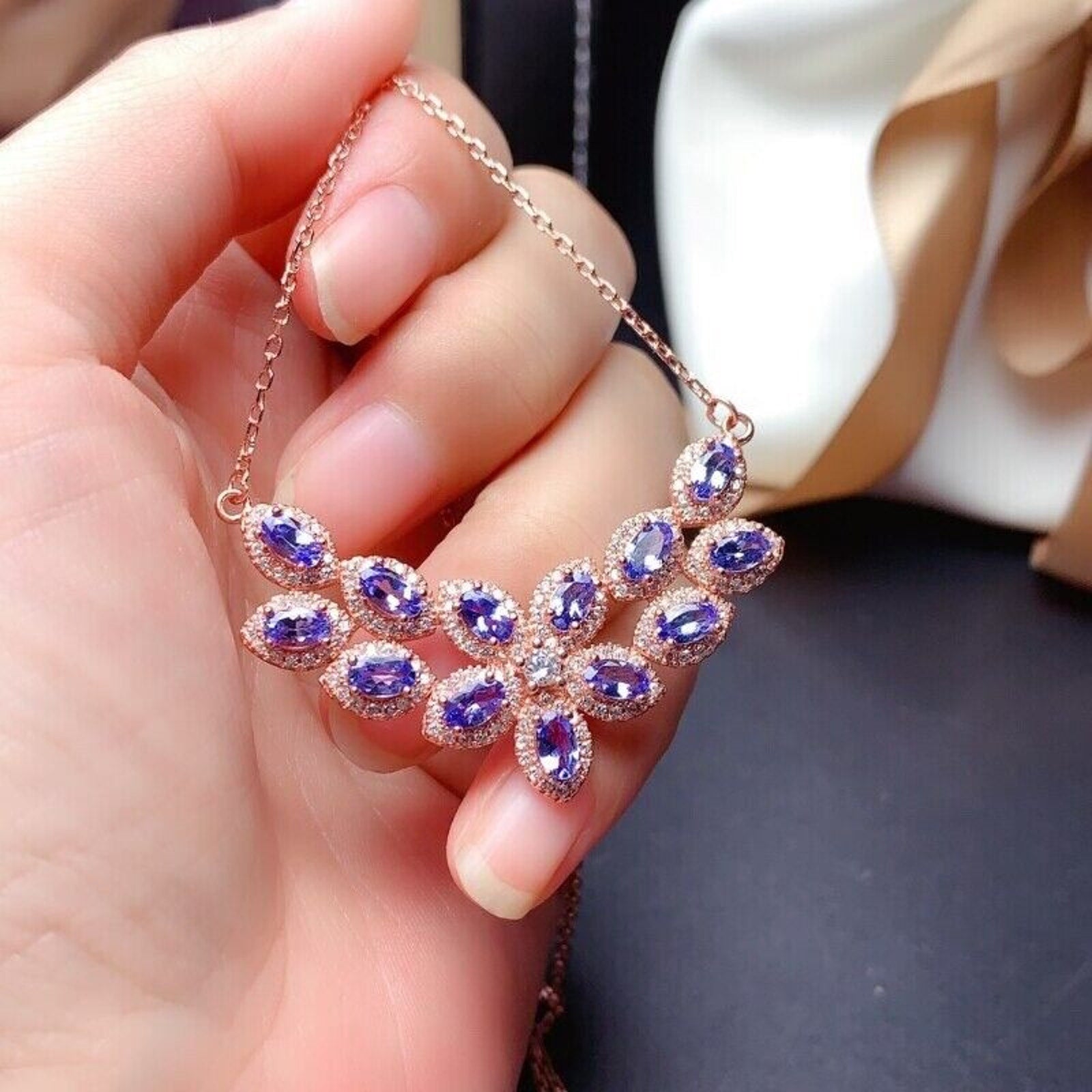 Purple Tanzanite Statement Necklace, Platinum Plated Tanzanite Collar Necklace