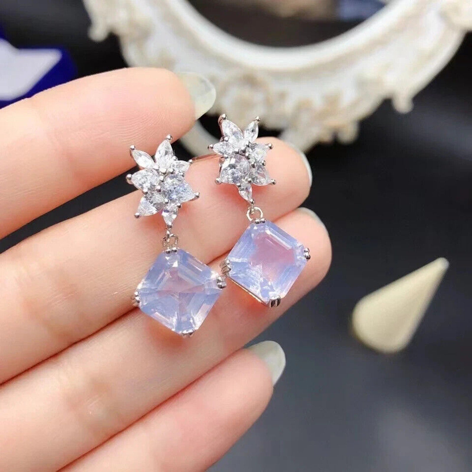 Lavender Amethyst Dangle Earrings 10mm Platinum Plated, Light Purple Amethyst