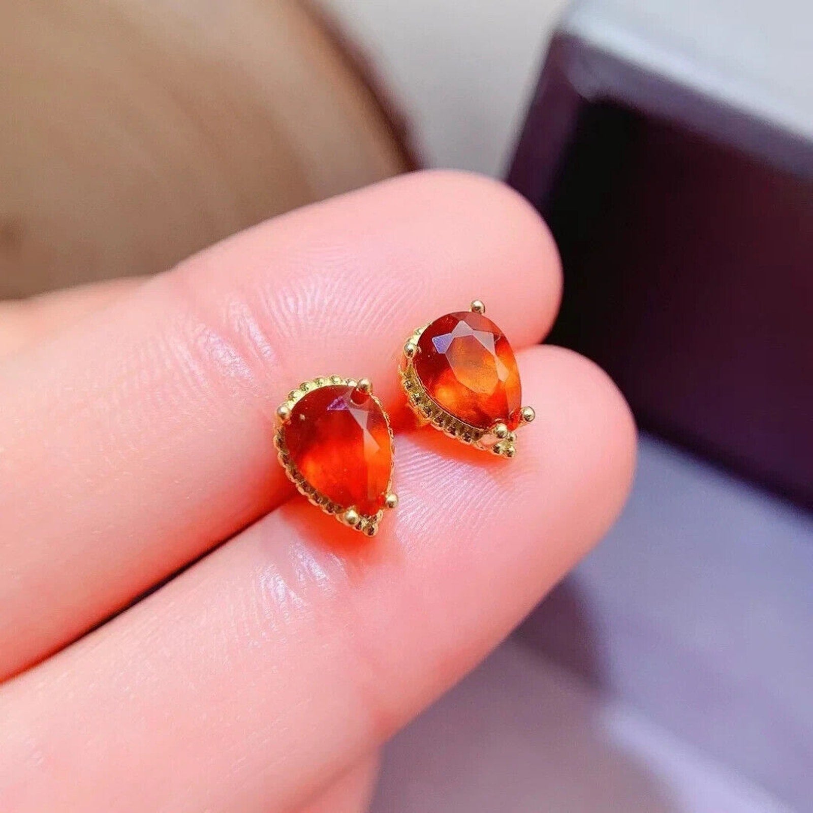 Natural Orange Garnet Stud Earrings 5x7mm Platinum Plated, Garnet Stud Earrings