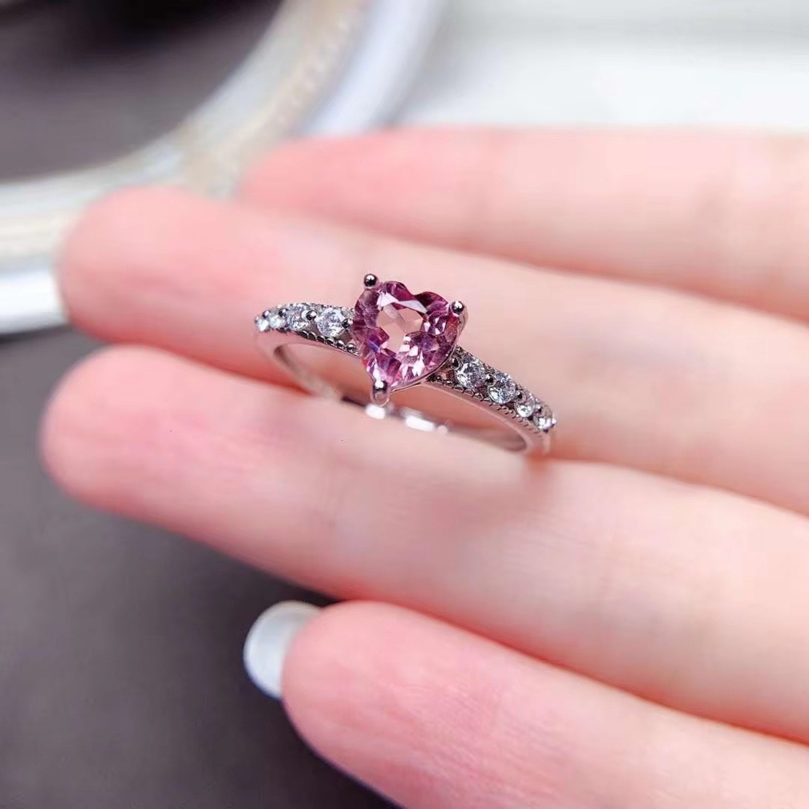 Pink Tourmaline Heart Ring, Natural Pink Tourmaline Ring 925 Sterling Silver