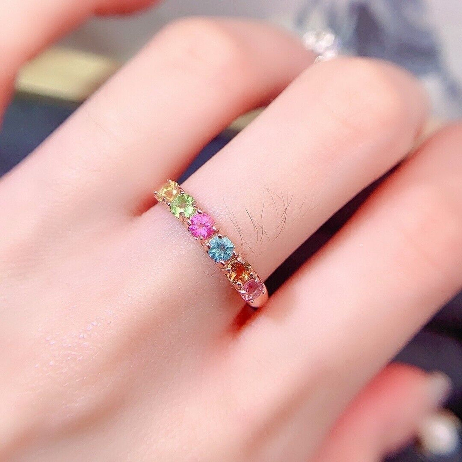 Natural Tourmaline Gemstone Band Ring, Women's Multicolor Tourmaline Band Ring