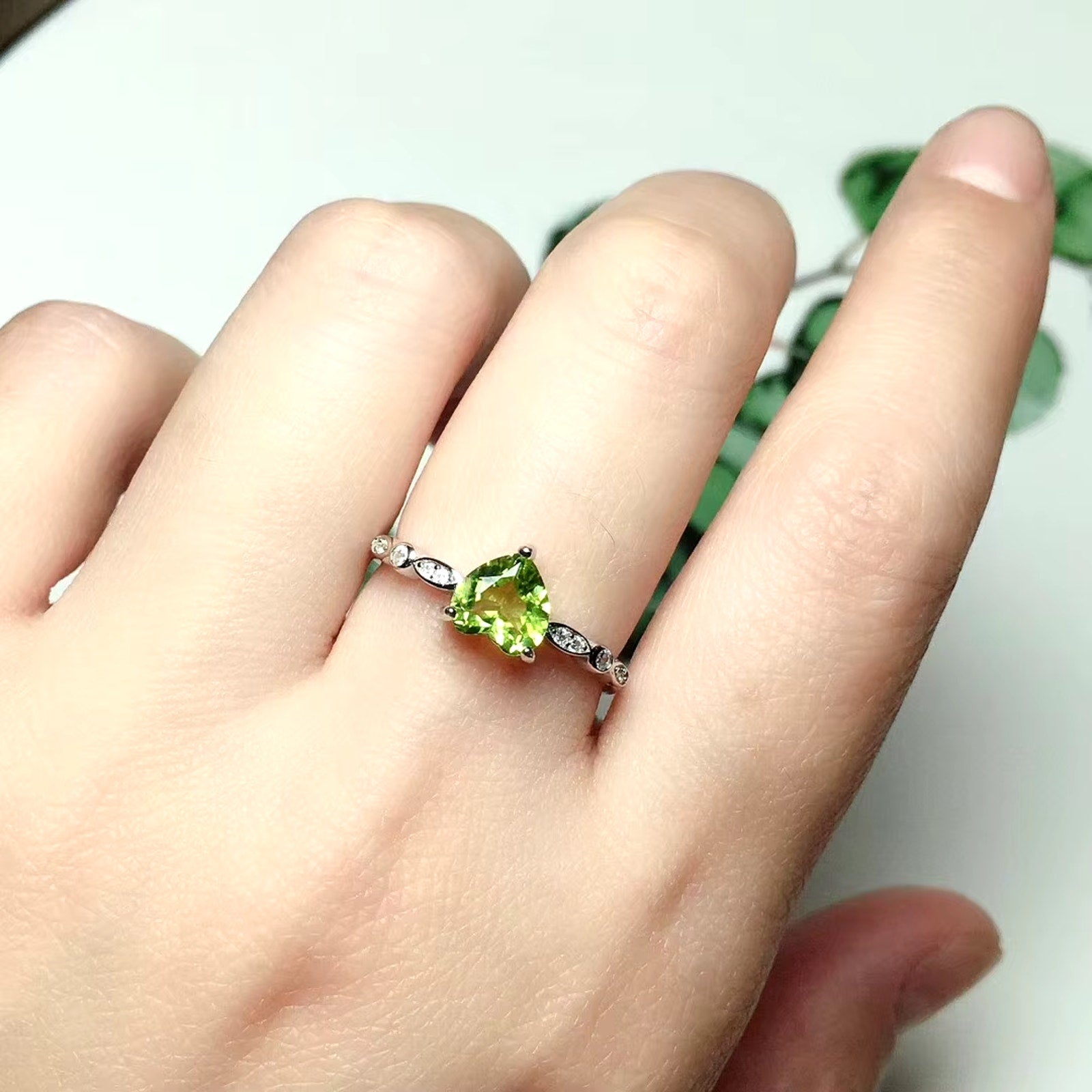 Natural Peridot Heart Ring, August Birthstone Peridot Ring 925 Sterling Silver