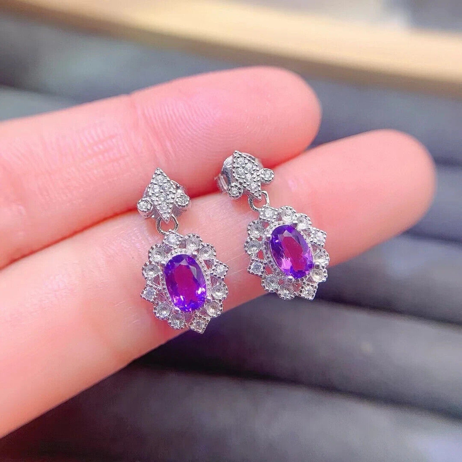 Amethyst Dangle Earrings 4x6mm Platinum Plated, Purple Amethyst Earrings