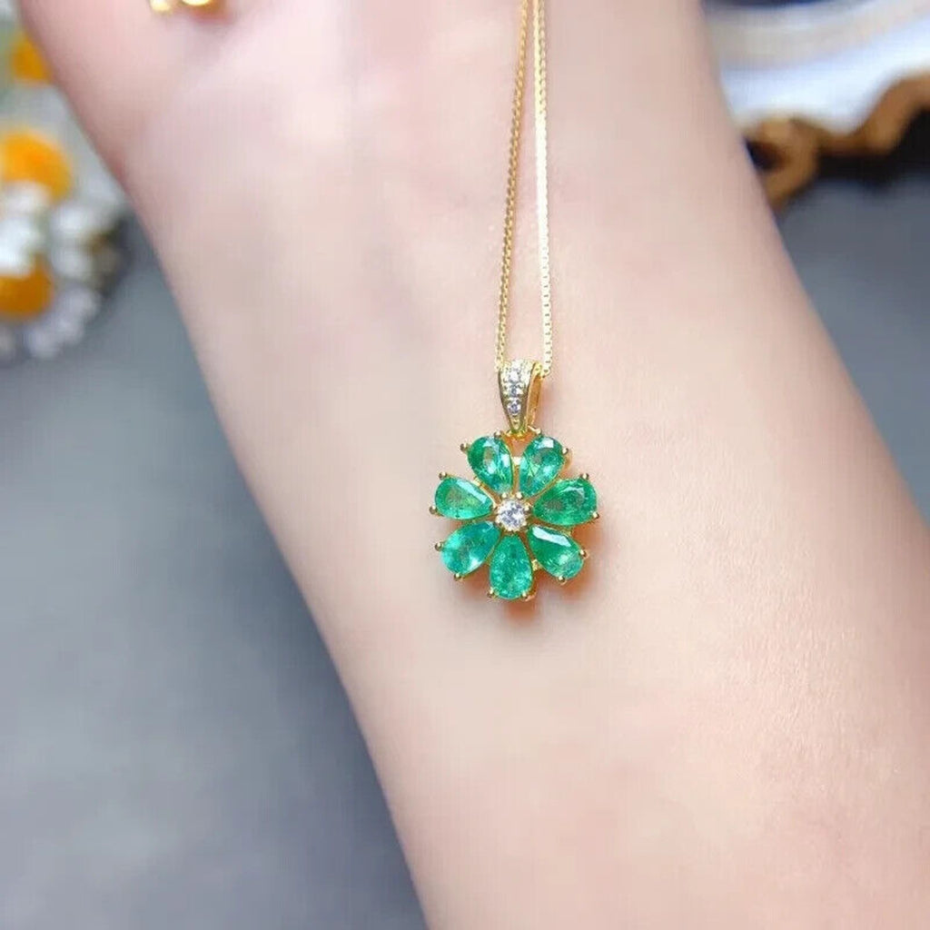 Natural Columbian Emerald Flower Pendant Necklace