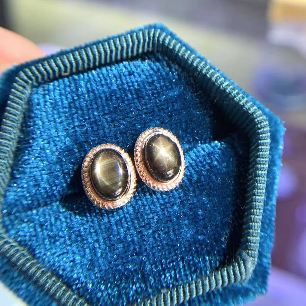 Star Sapphire Earrings, Natural Star Sapphire Stud Earrings 5x7mm Sterling