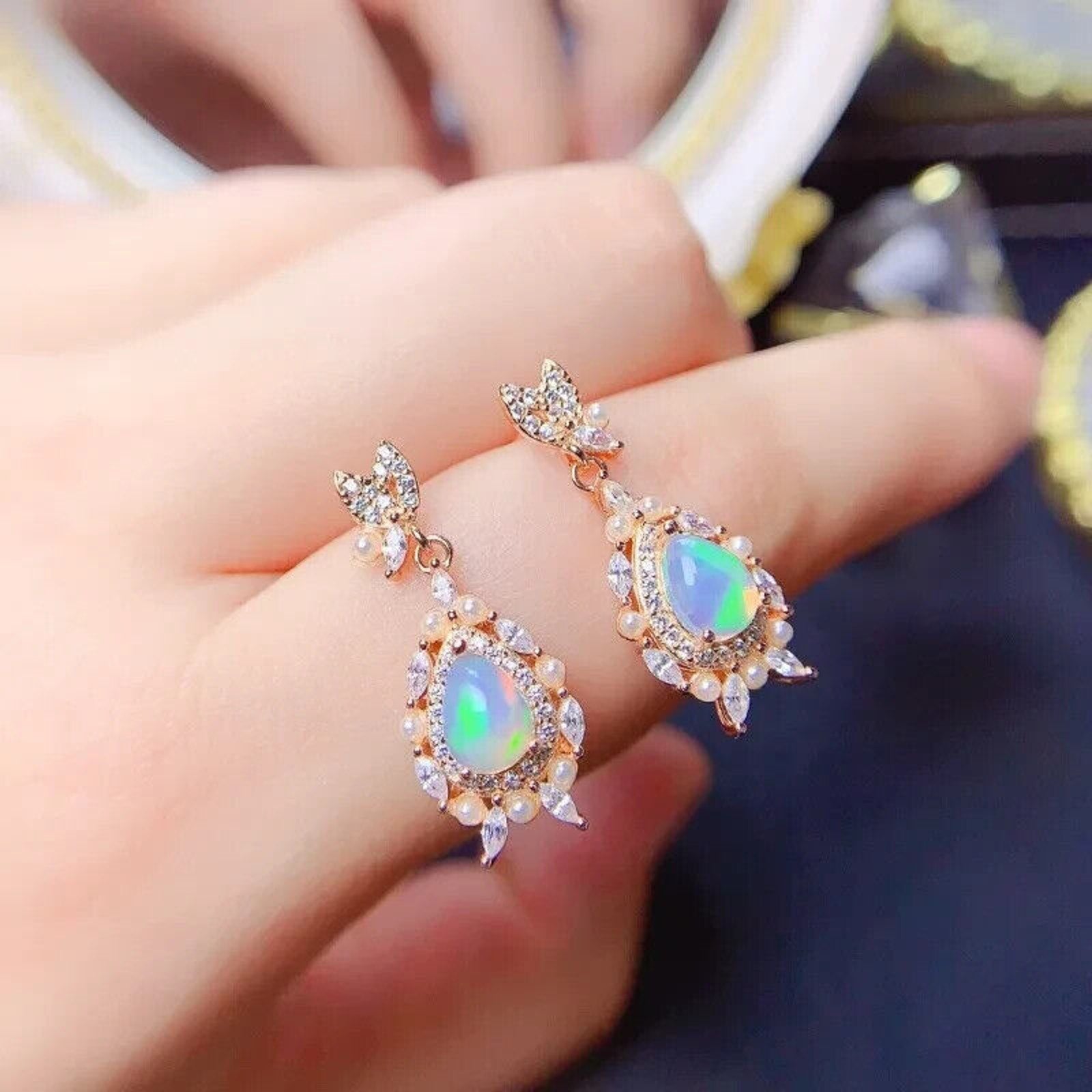 Vintage Opal Dangle Earrings, Natural Fire Opal Dangle Earrings Sterling Silver