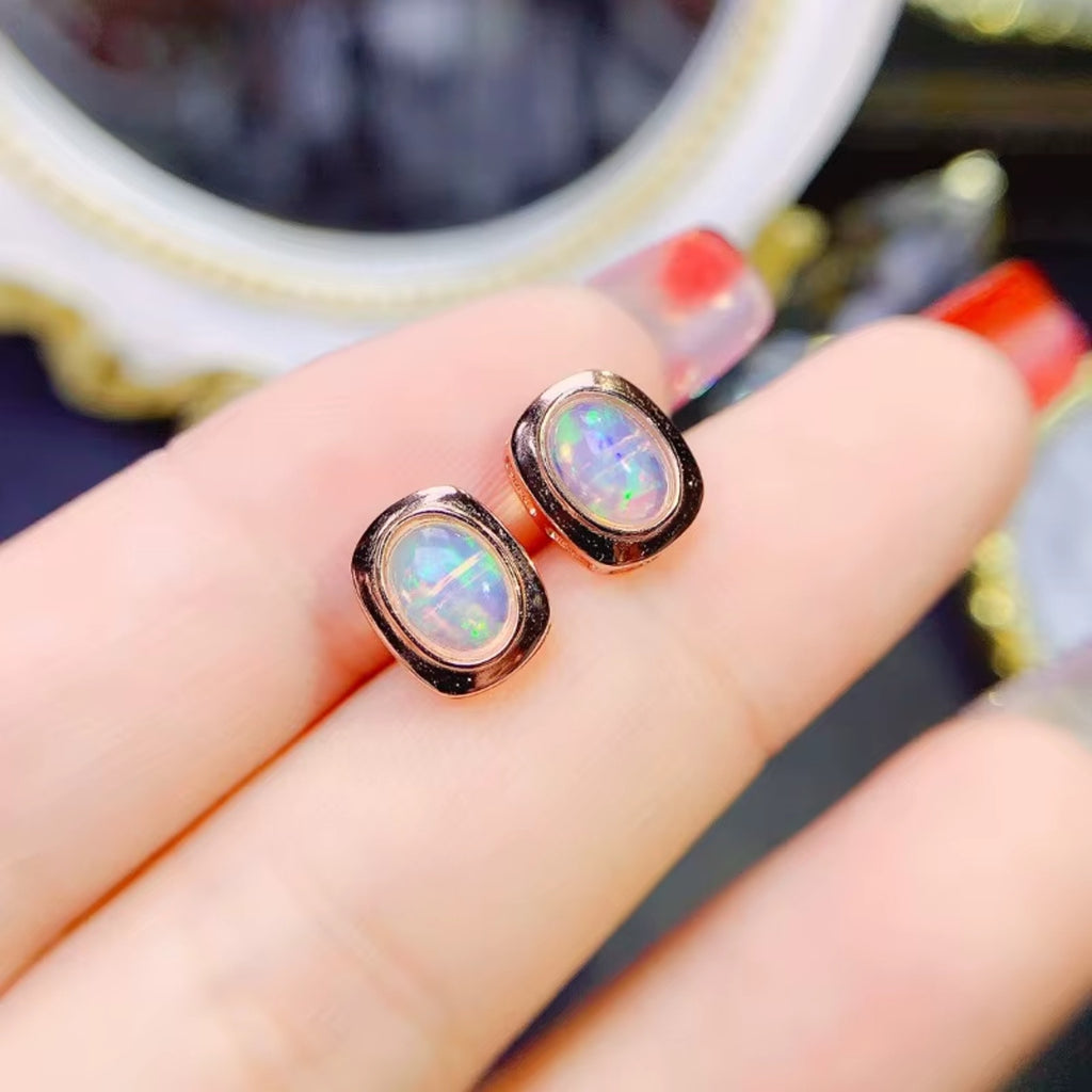 925 Sterling Silver Opal Stud Earrings For Women Fire Opal Earrings 5x7mm