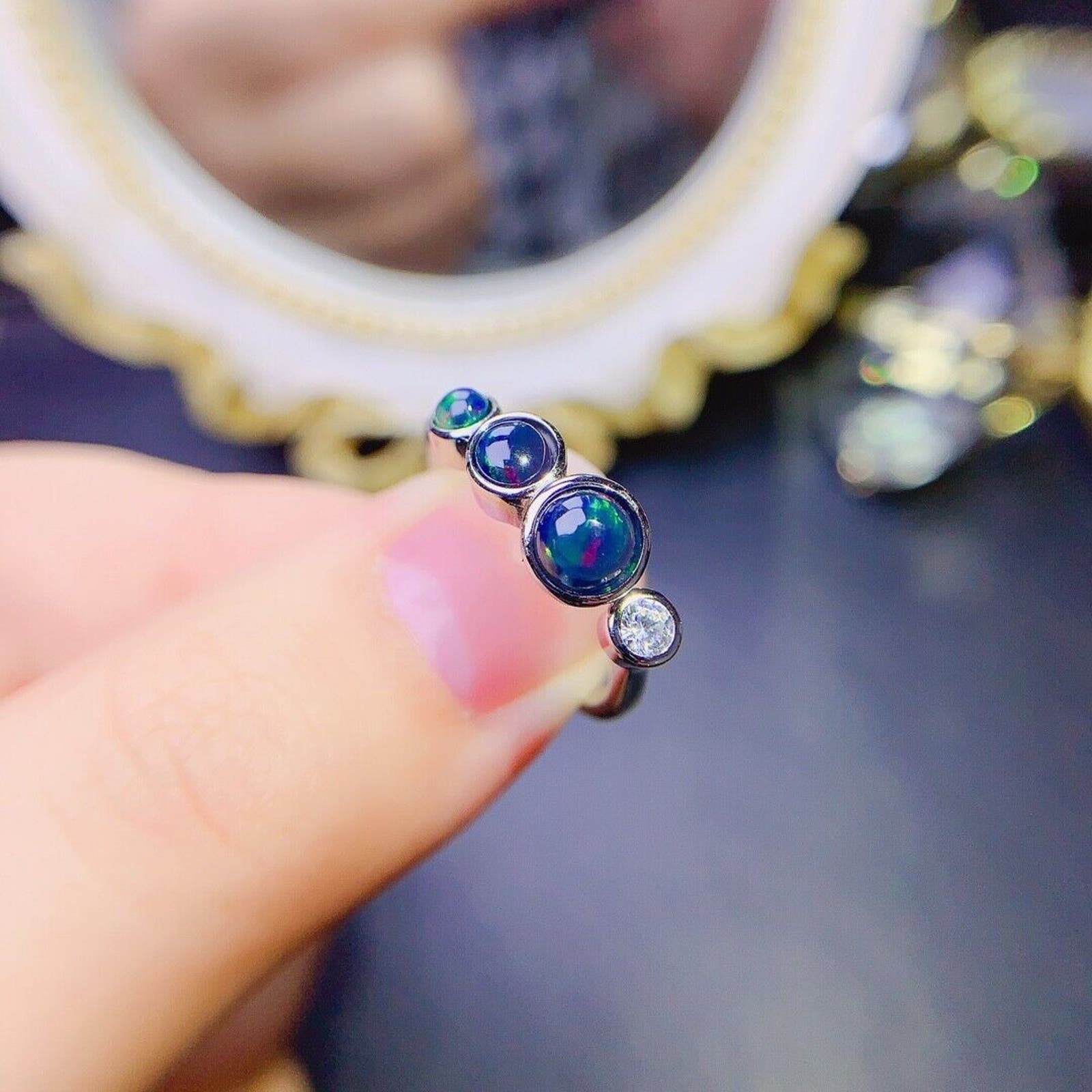 Adjustable Black Opal Stacking Ring, Stackable Opal Ring, Bezel Set Opal Ring