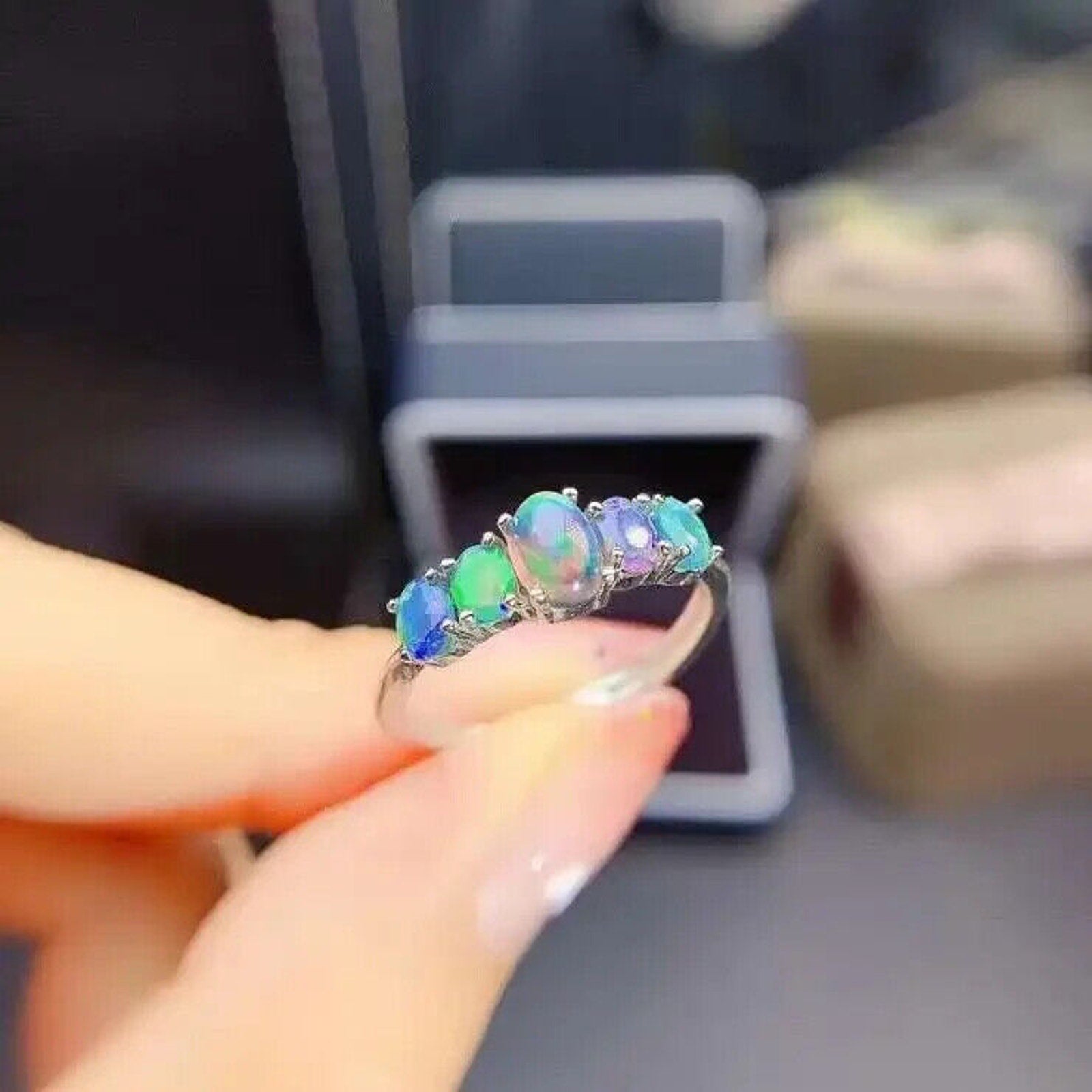 Natural Fire Opal Multicolor Band Ring, Women's Black Fire Opal Band Ring