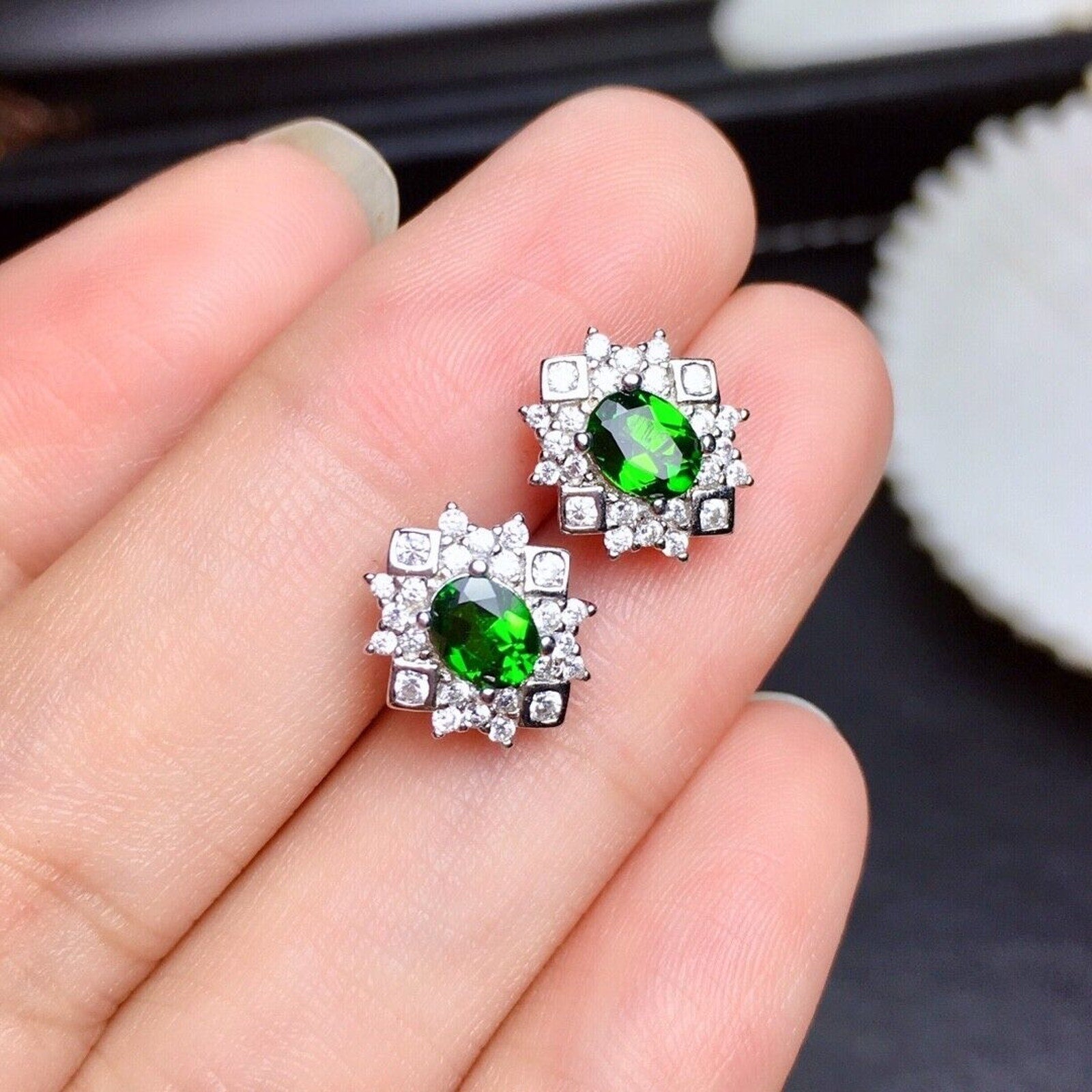 Natural Chrome Diopside Stud Earrings VVS Grade Platinum Plated Sterling Silver