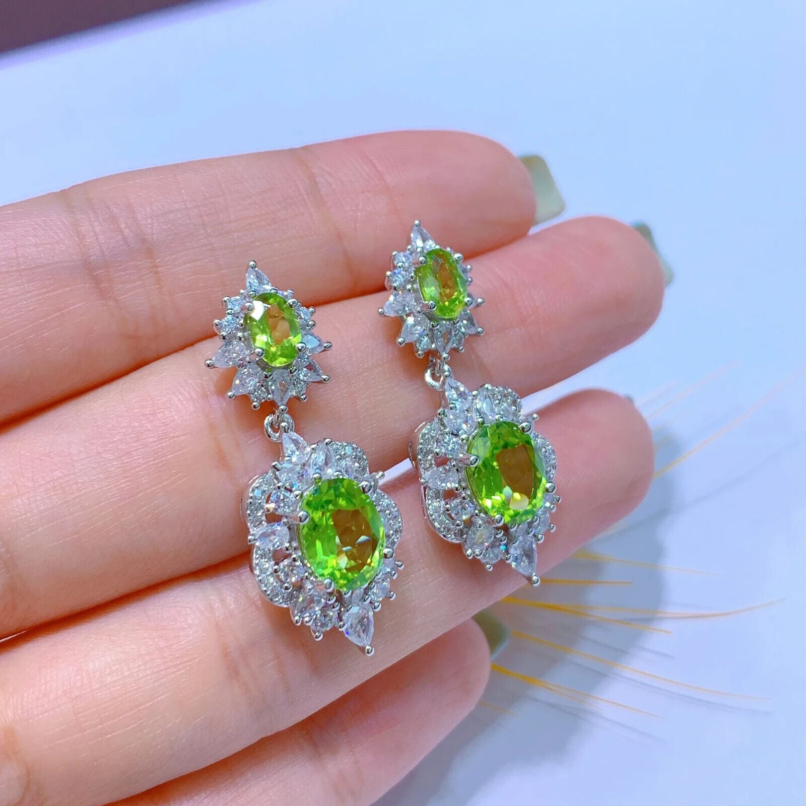 Peridot Birthstone Dangle Earrings, Natural Peridot Statement Earrings Silver