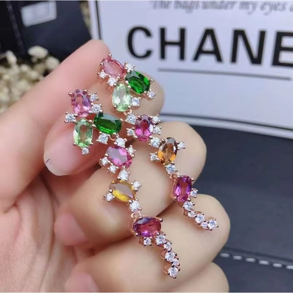 Natural Tourmaline Earrings, Multicolor Brazilian Tourmaline Gemstone Earrings