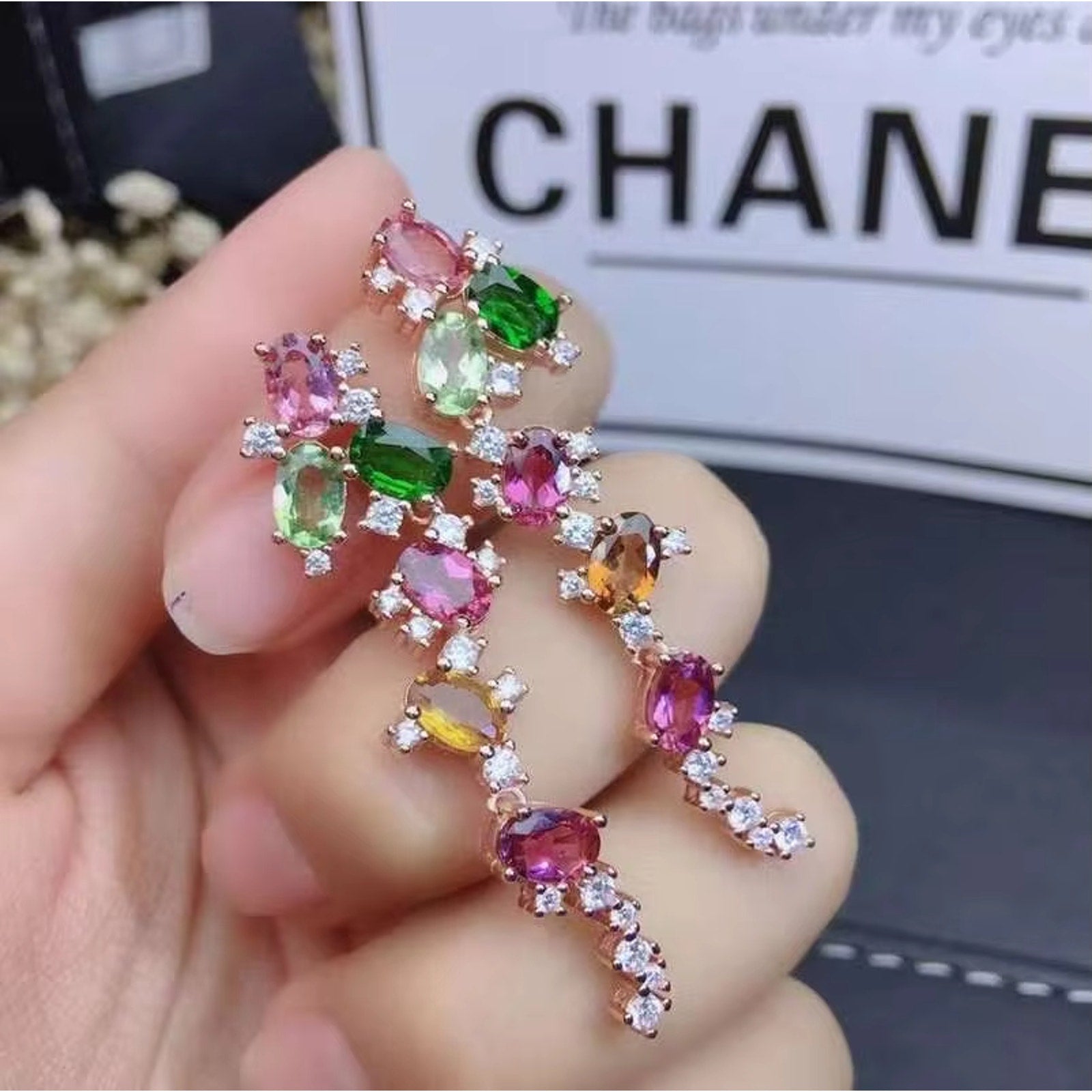 Natural Tourmaline Earrings, Multicolor Brazilian Tourmaline Gemstone Earrings