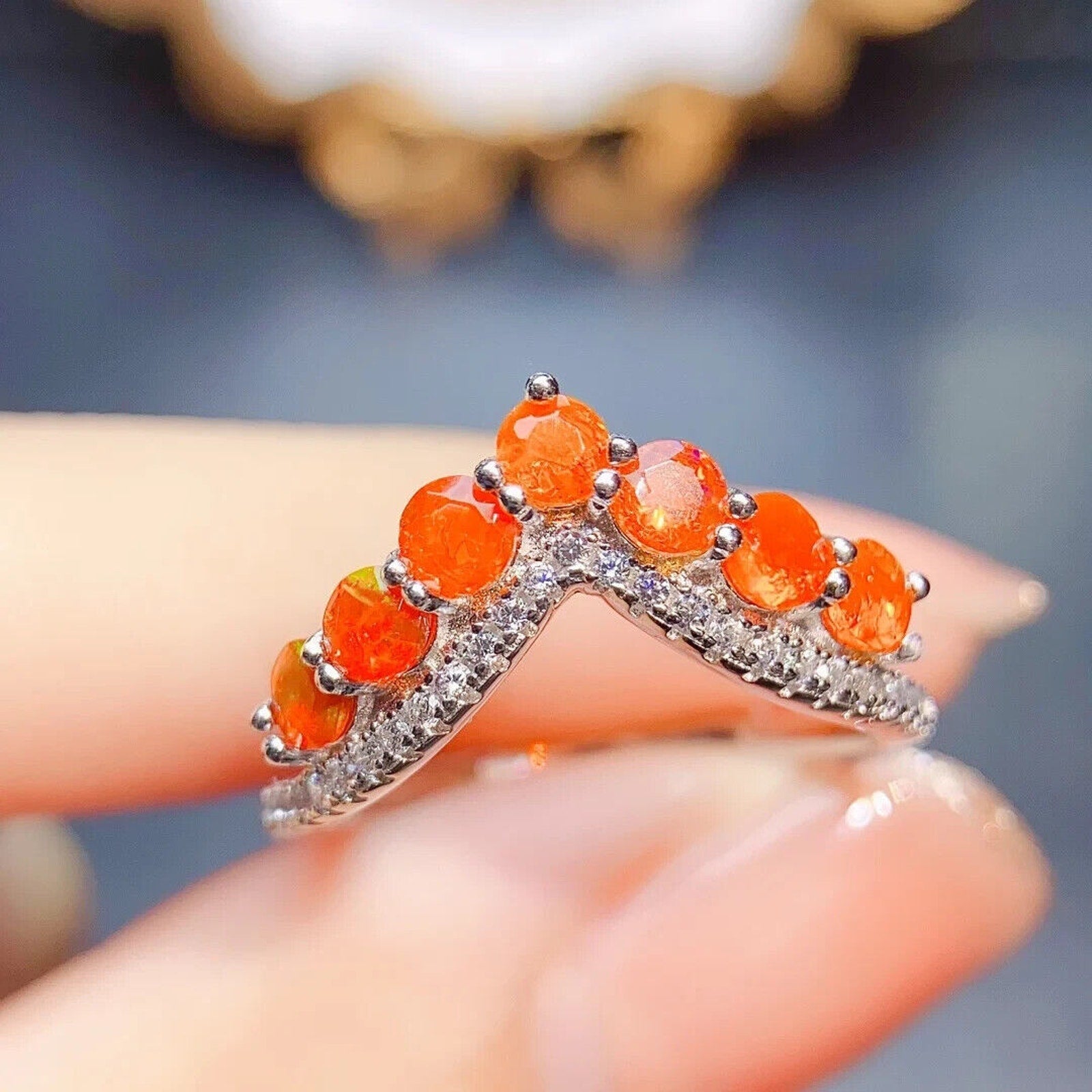 Orange Fire Opal Wedding Band Ring, Natural Orange Opal Engagement Ring