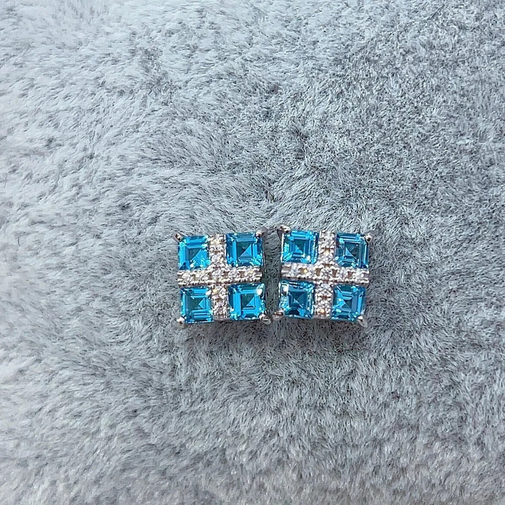 Swiss Blue Topaz Stud Earrings Platinum Plated Silver, Bright Blue Topaz Earring
