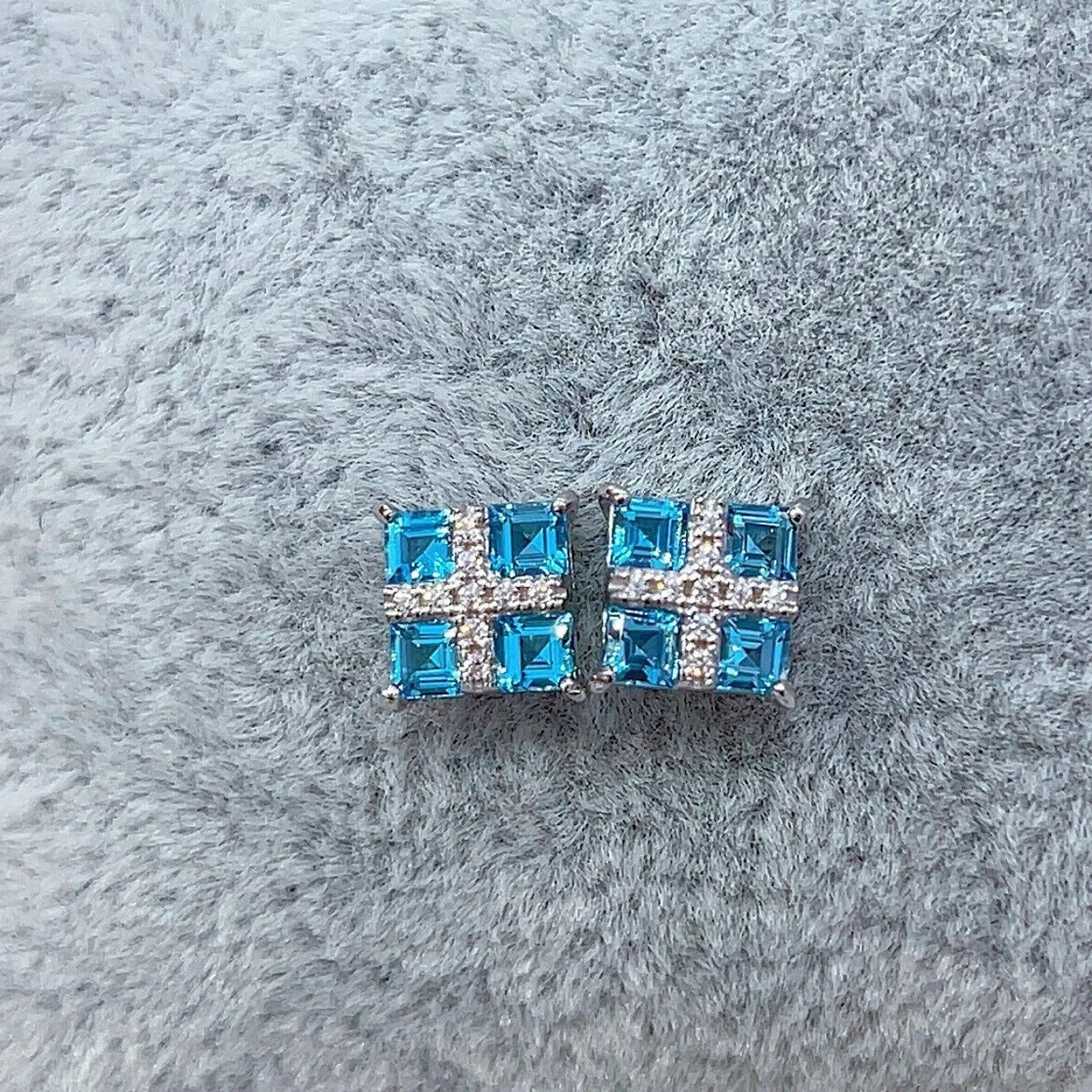 Swiss Blue Topaz Stud Earrings Platinum Plated Silver, Bright Blue Topaz Earring