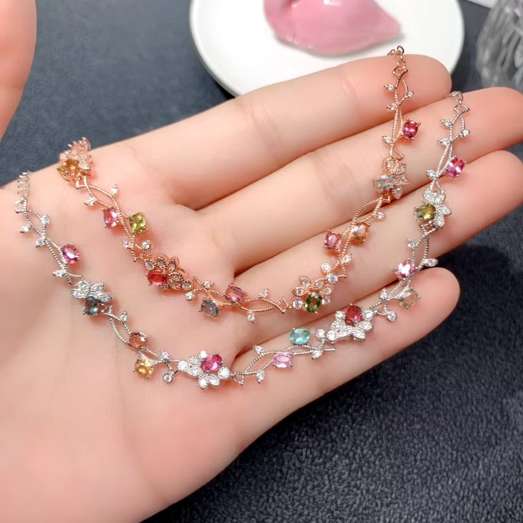 Natural Brazilian Tourmaline Tennis Bracelet, Tourmaline Flower Bracelet