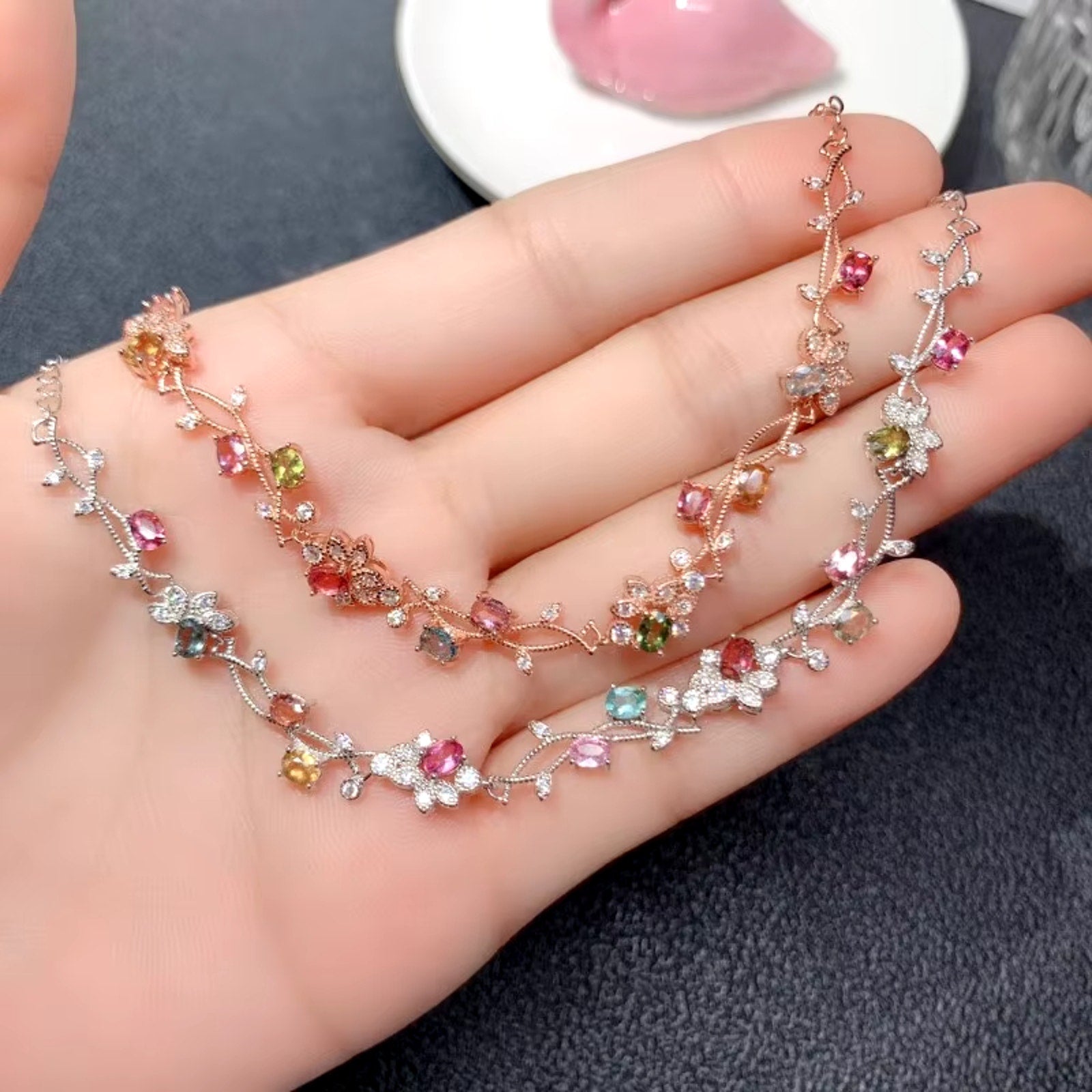 Natural Brazilian Tourmaline Tennis Bracelet, Tourmaline Flower Bracelet