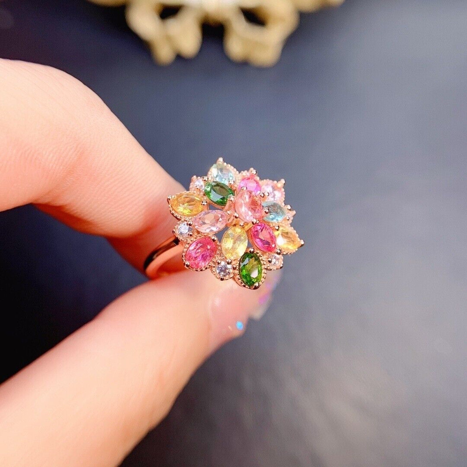 Large Tourmaline Gemstone Cluster Ring, Natural Tourmaline Flower Ring