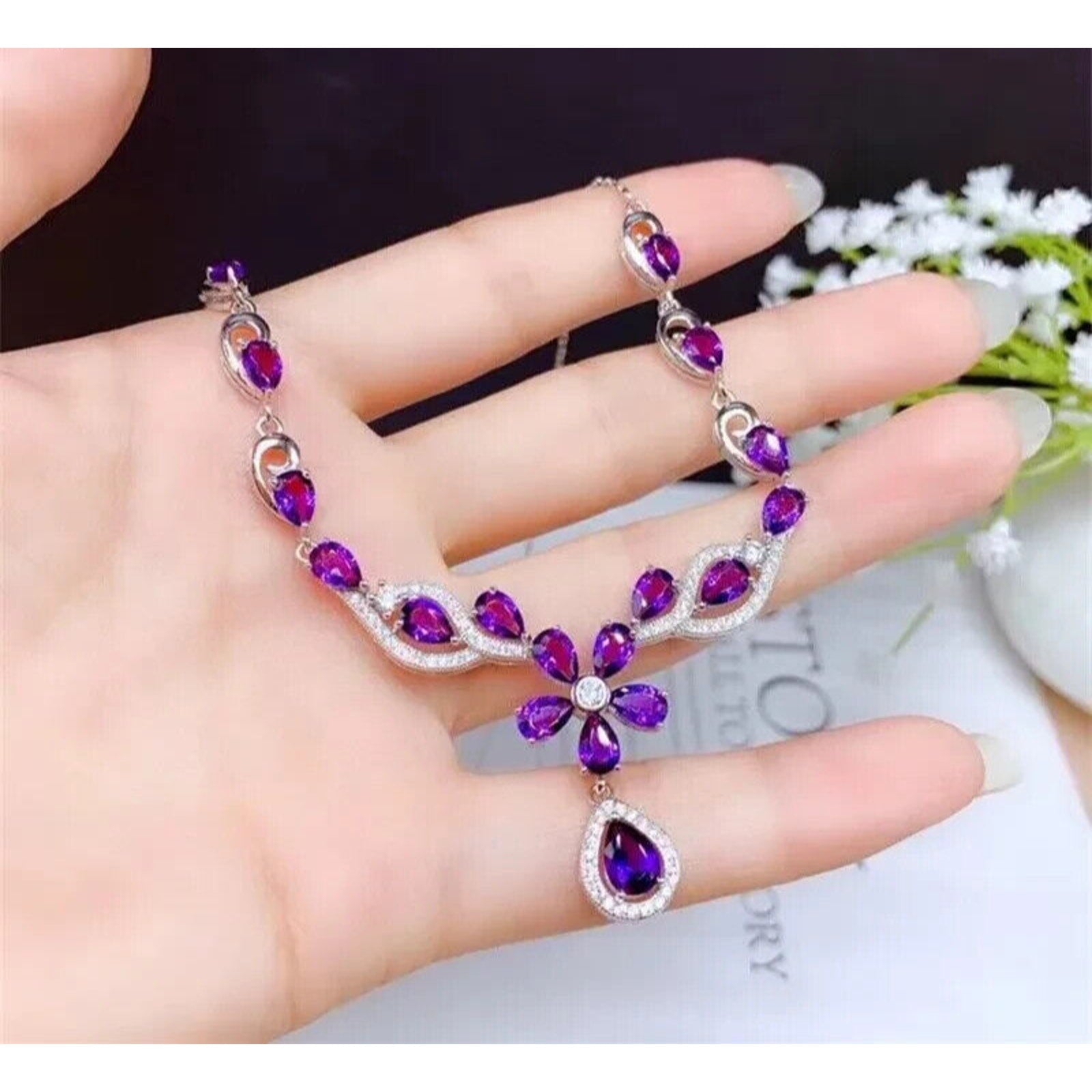 Natural Amethyst Statement Necklace, Amethyst Flower Necklace 925 Sterling