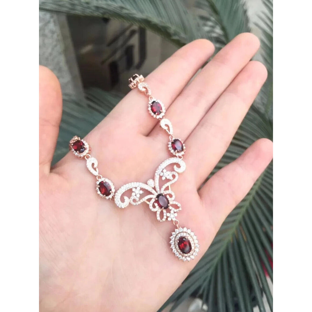 Red Garnet Gemstone Statement Necklace, January Birthstone Red Garnet 925 Silver