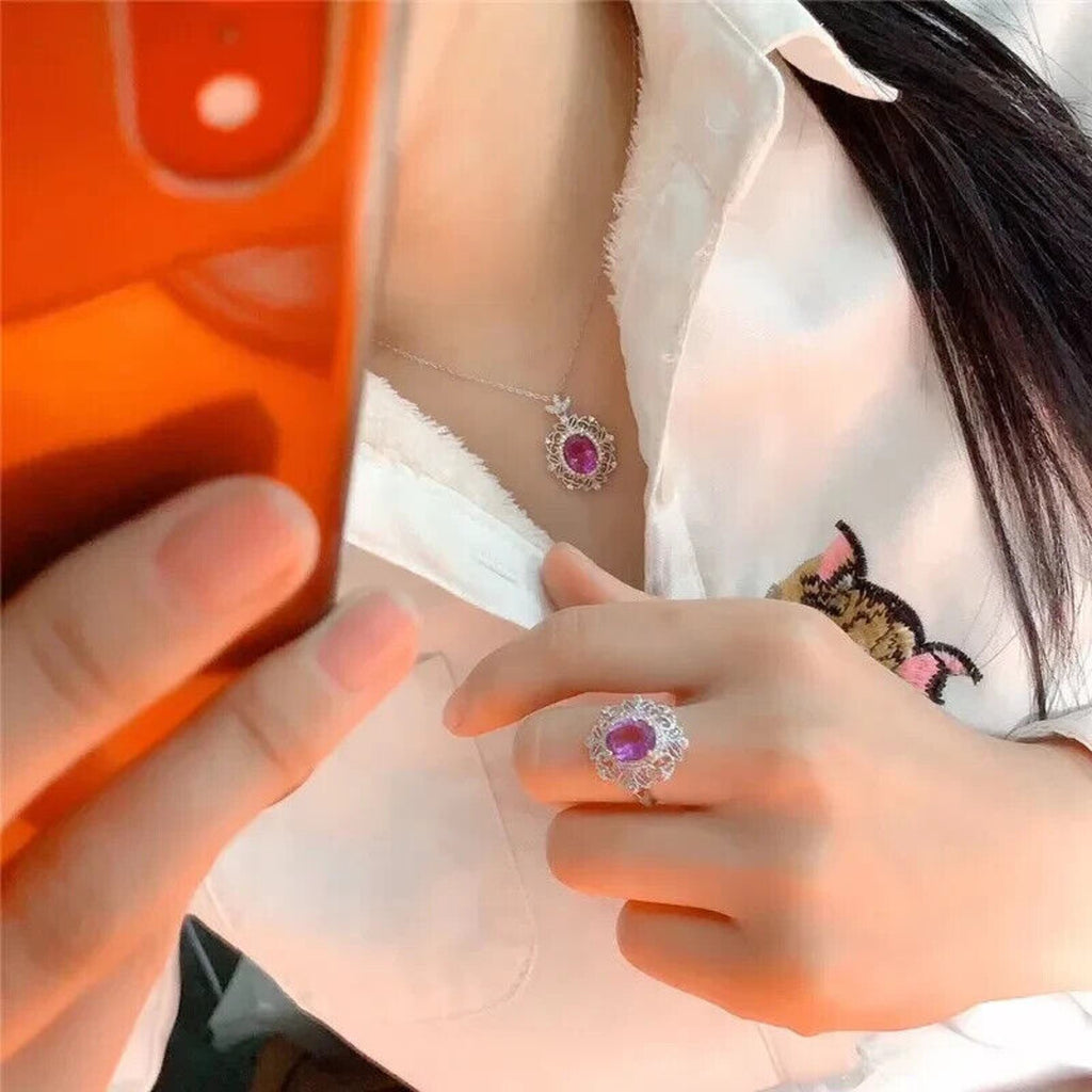 Genuine Amethyst Jewelry Set, Natural Amethyst Jewelry Set Ring and Necklace