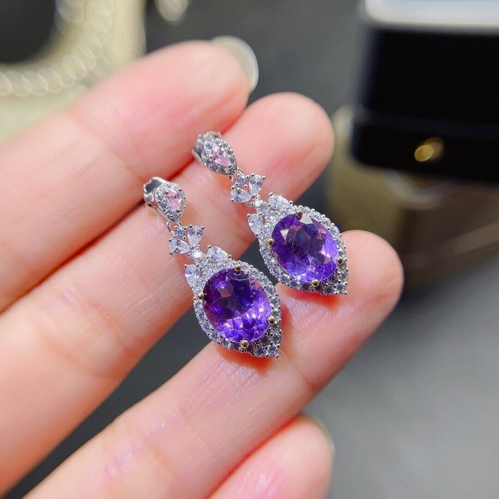 8x10mm Genuine Amethyst Drop Dangle Earrings, Oval Cut Amethyst Earrings