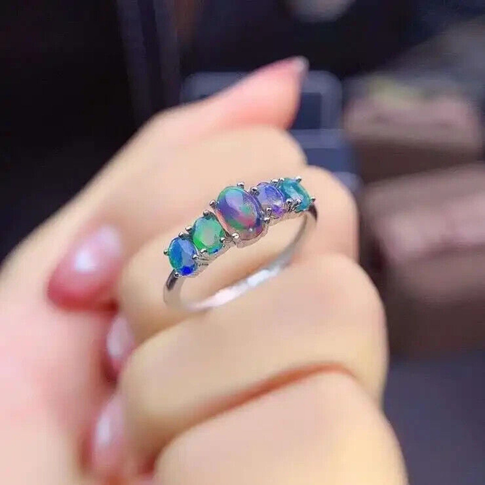 Natural Fire Opal Multicolor Band Ring, Women's Black Fire Opal Band Ring